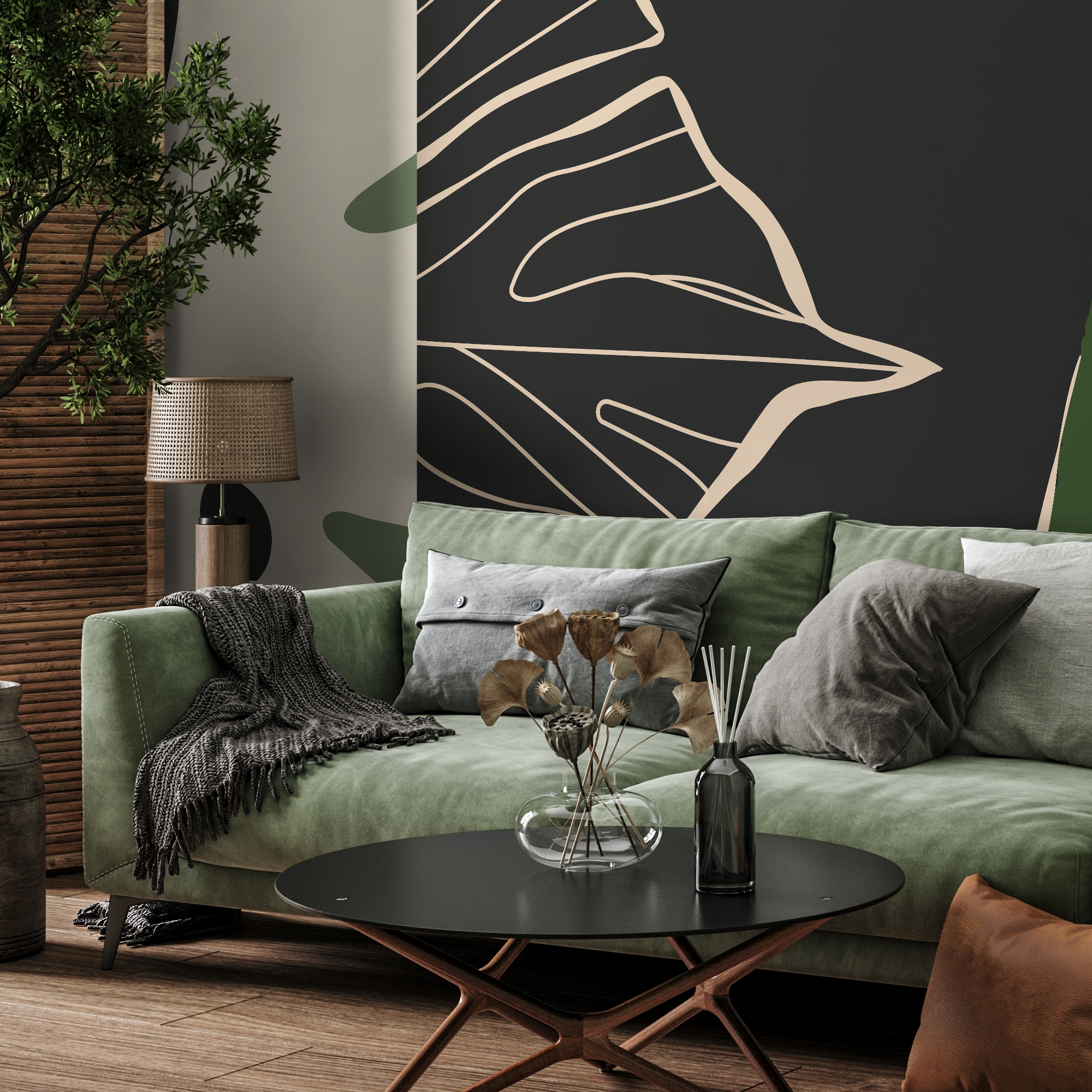 Abstract Wallpaper With Organic Shapes And Line Art In Black, Green, And Beige - C147