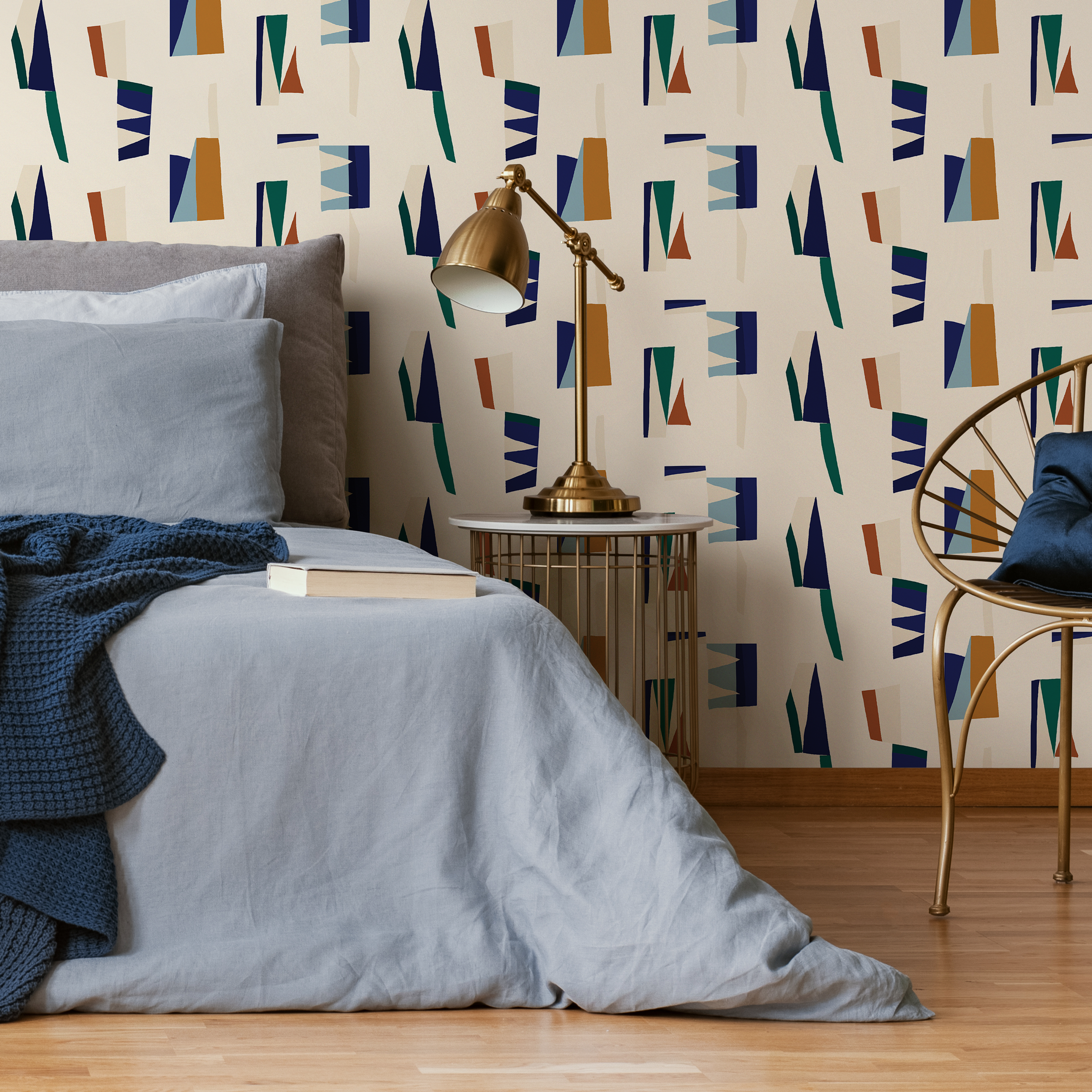 Abstract Wallpaper With Mid-century Geometric Shapes In Blue, Green, And Orange - C148