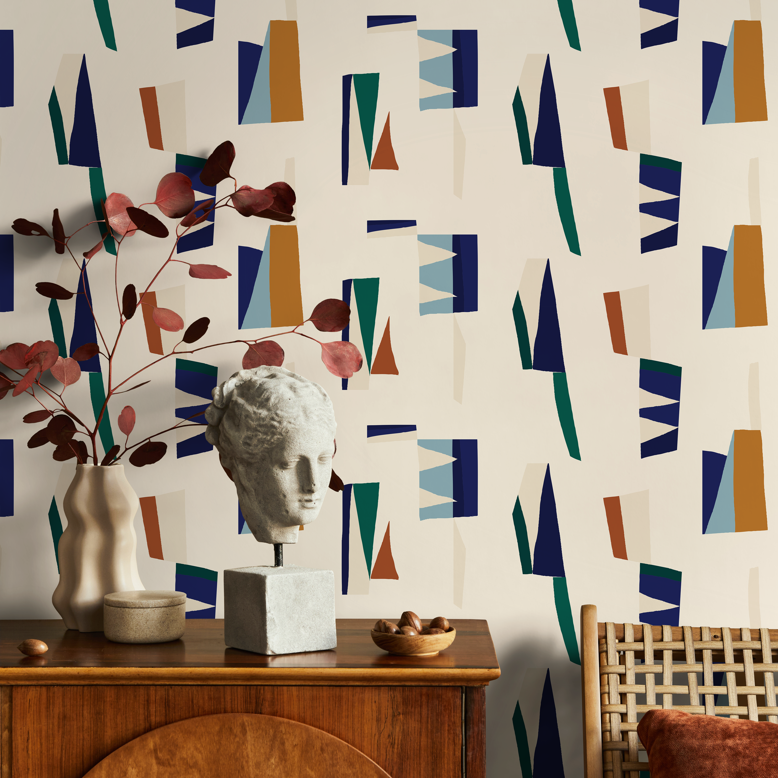 Abstract Wallpaper With Mid-century Geometric Shapes In Blue, Green, And Orange - C148