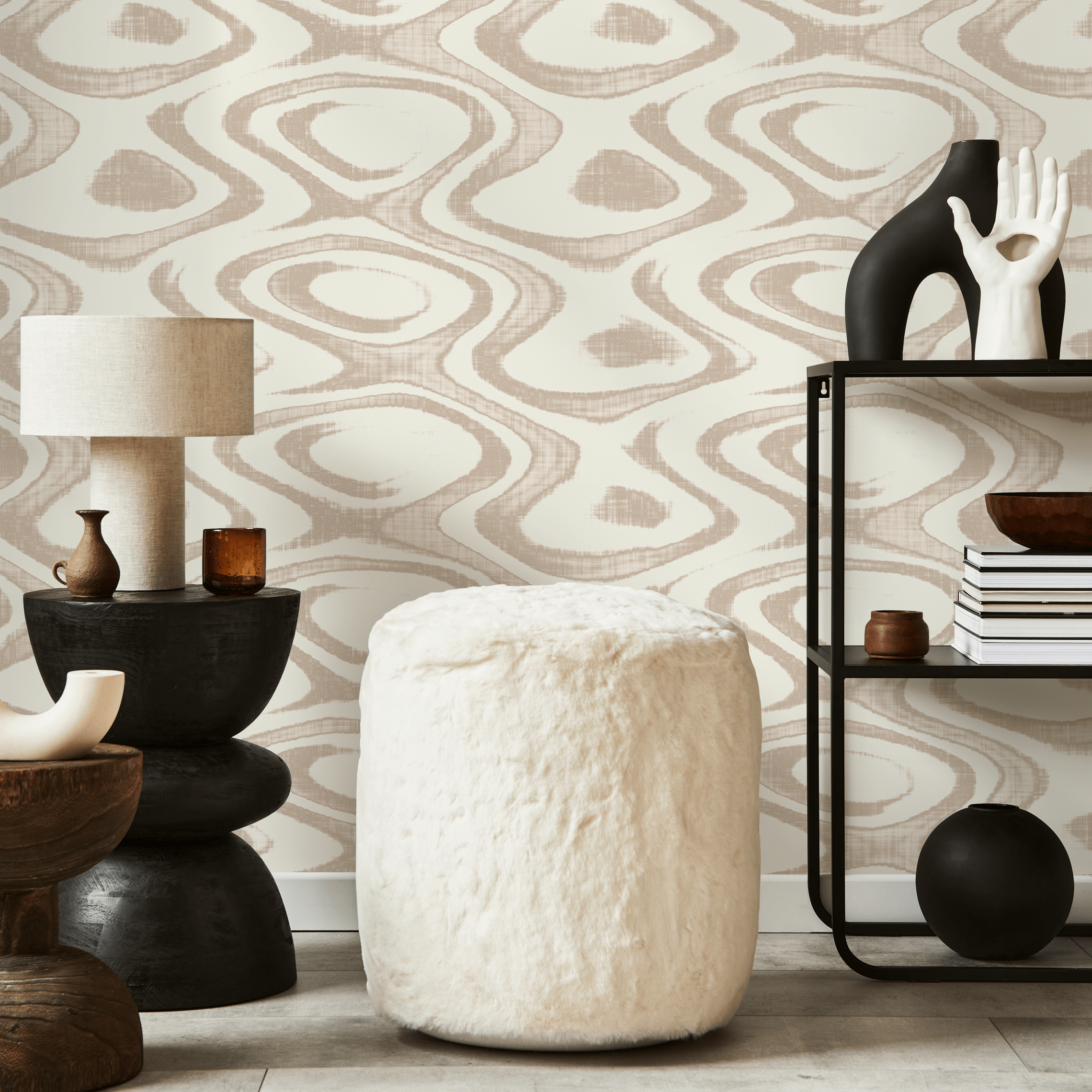 Abstract Wallpaper With A Fluid Wavy Motif In Beige And Cream - C151