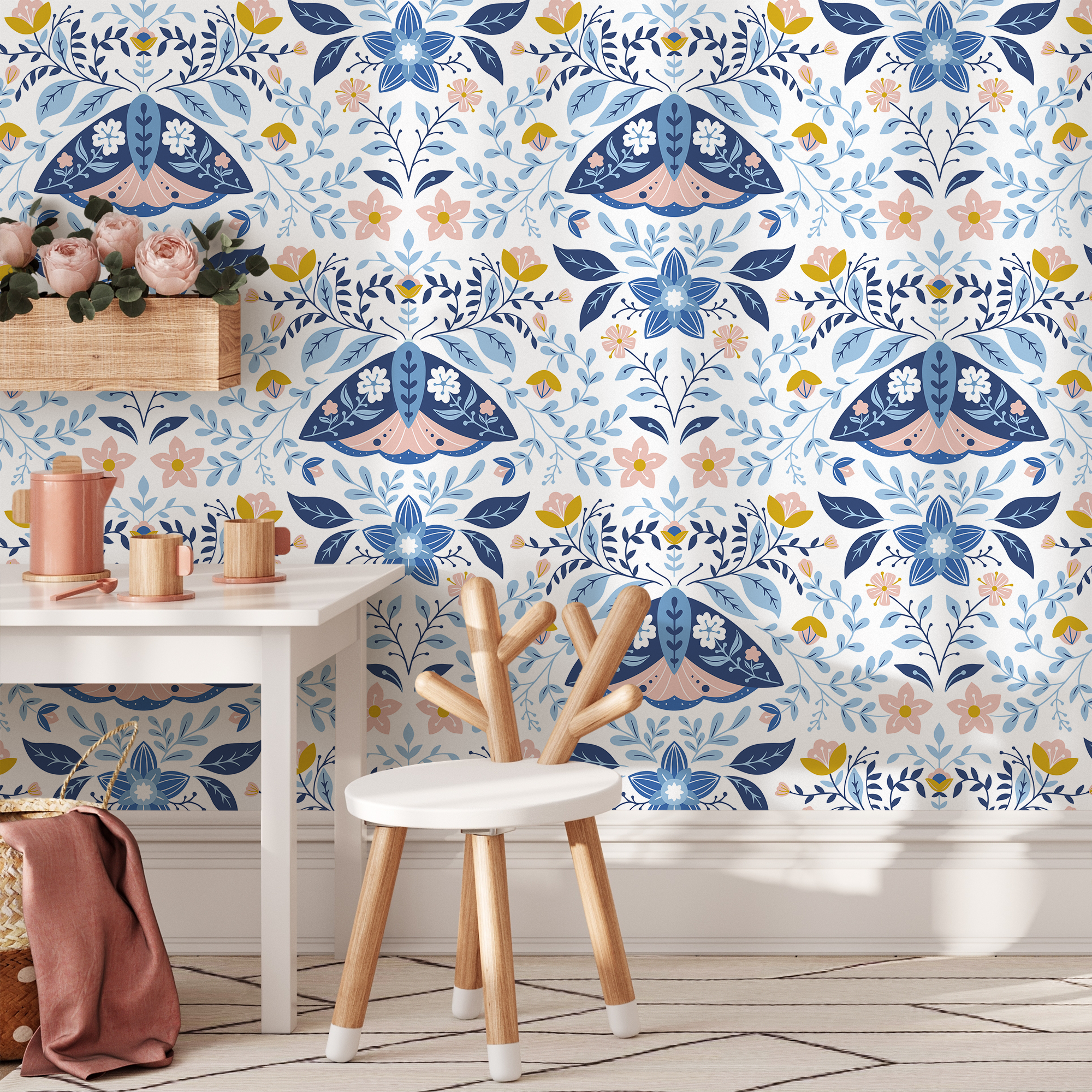 Floral Wallpaper With A Folk Art Moth Motif In Blue, Pink, And Yellow - C152