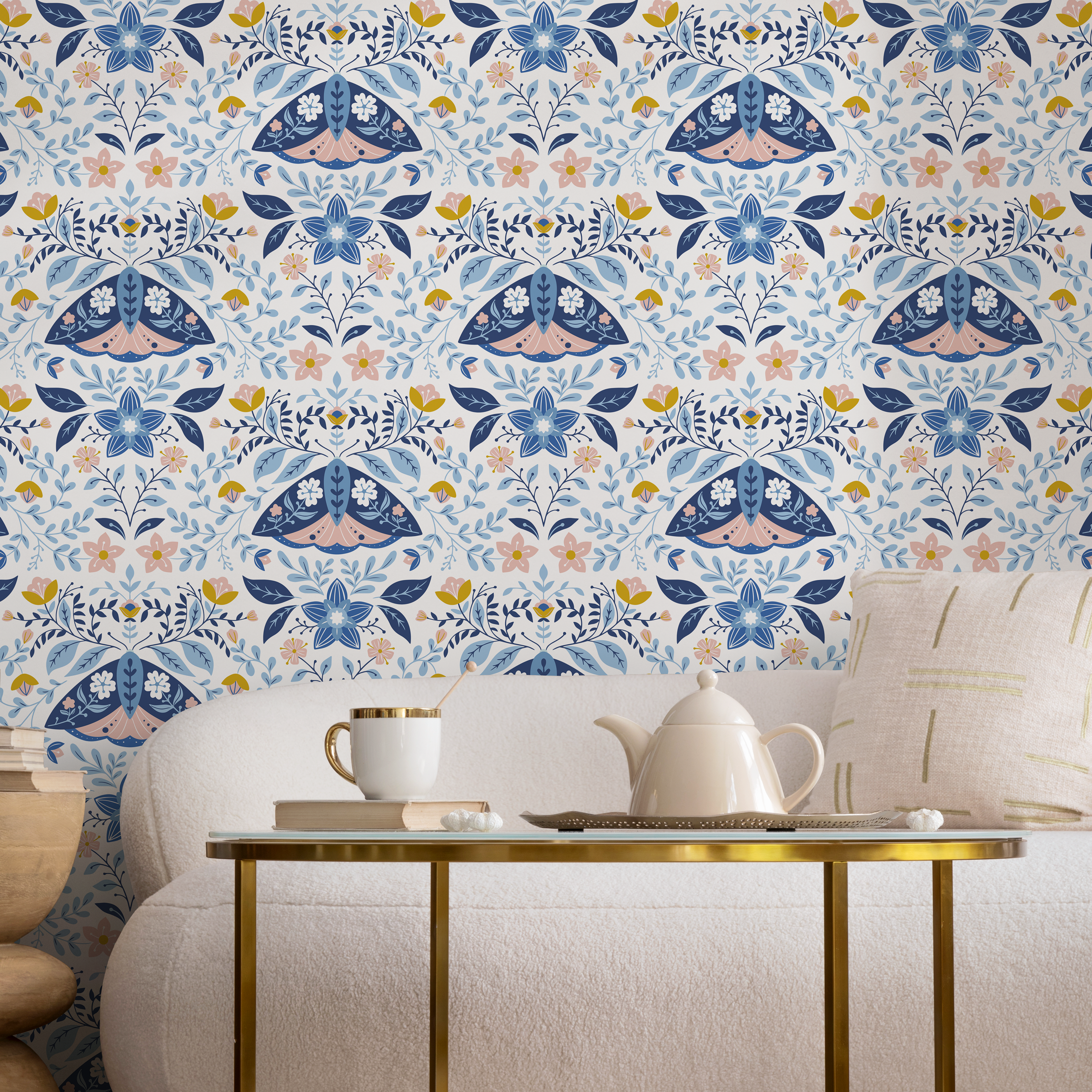 Floral Wallpaper With A Folk Art Moth Motif In Blue, Pink, And Yellow - C152