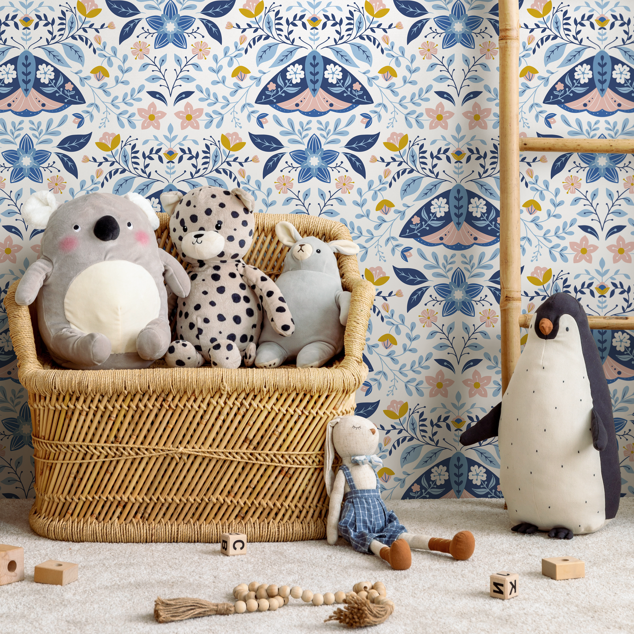 Floral Wallpaper With A Folk Art Moth Motif In Blue, Pink, And Yellow - C152