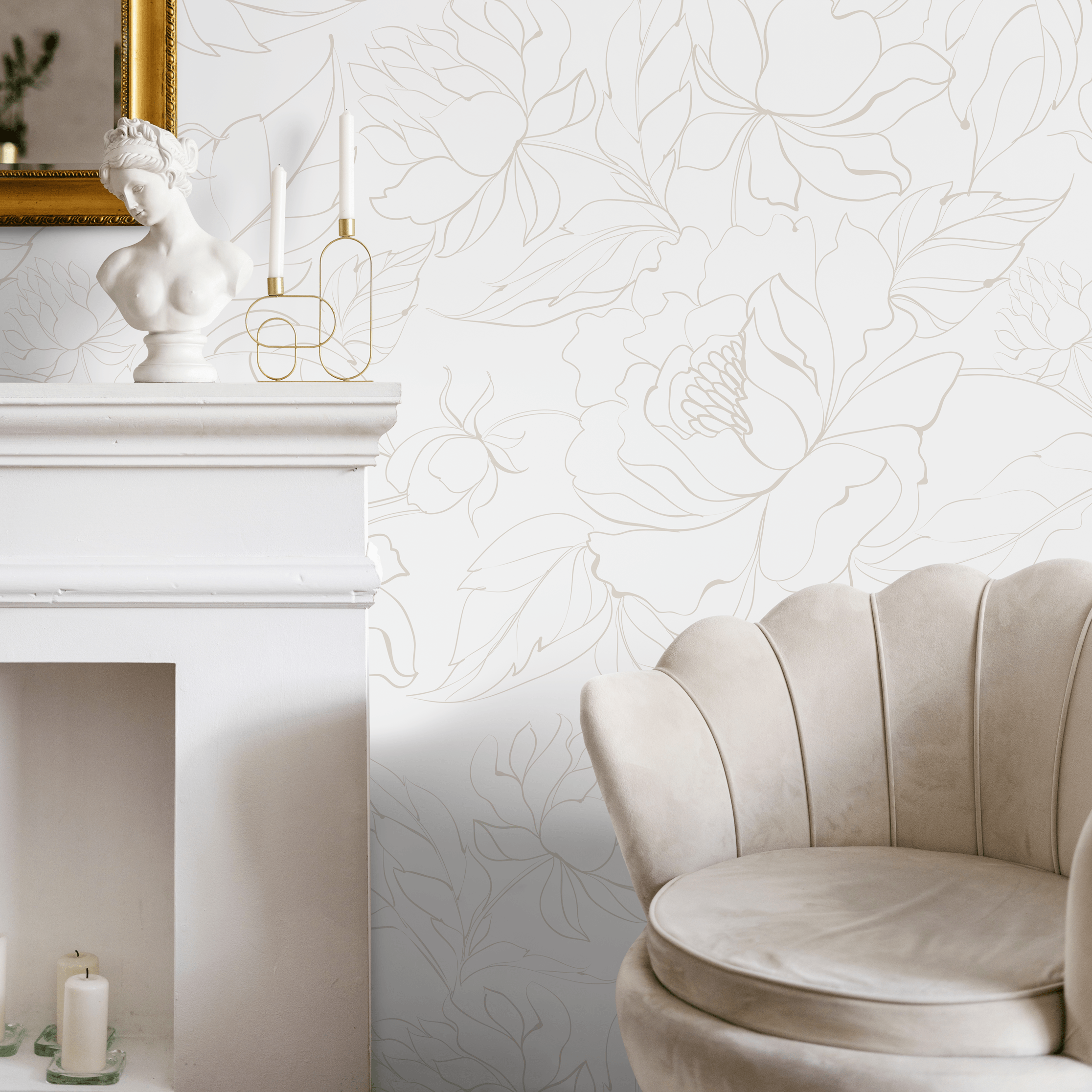 Floral Wallpaper With Peony Line Art In Beige - C154