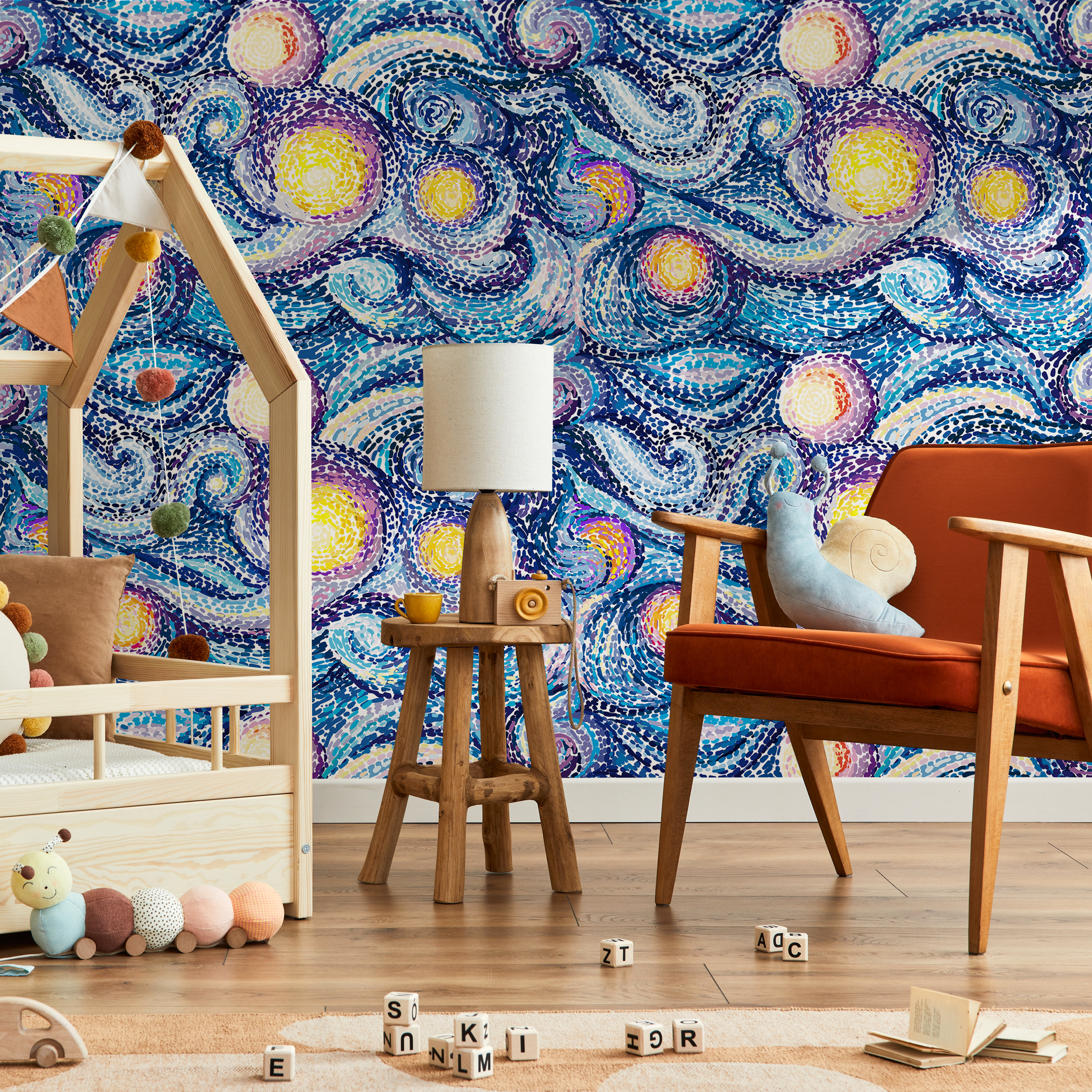Abstract Wallpaper With A Starry Night Mosaic In Blue And Yellow - C155