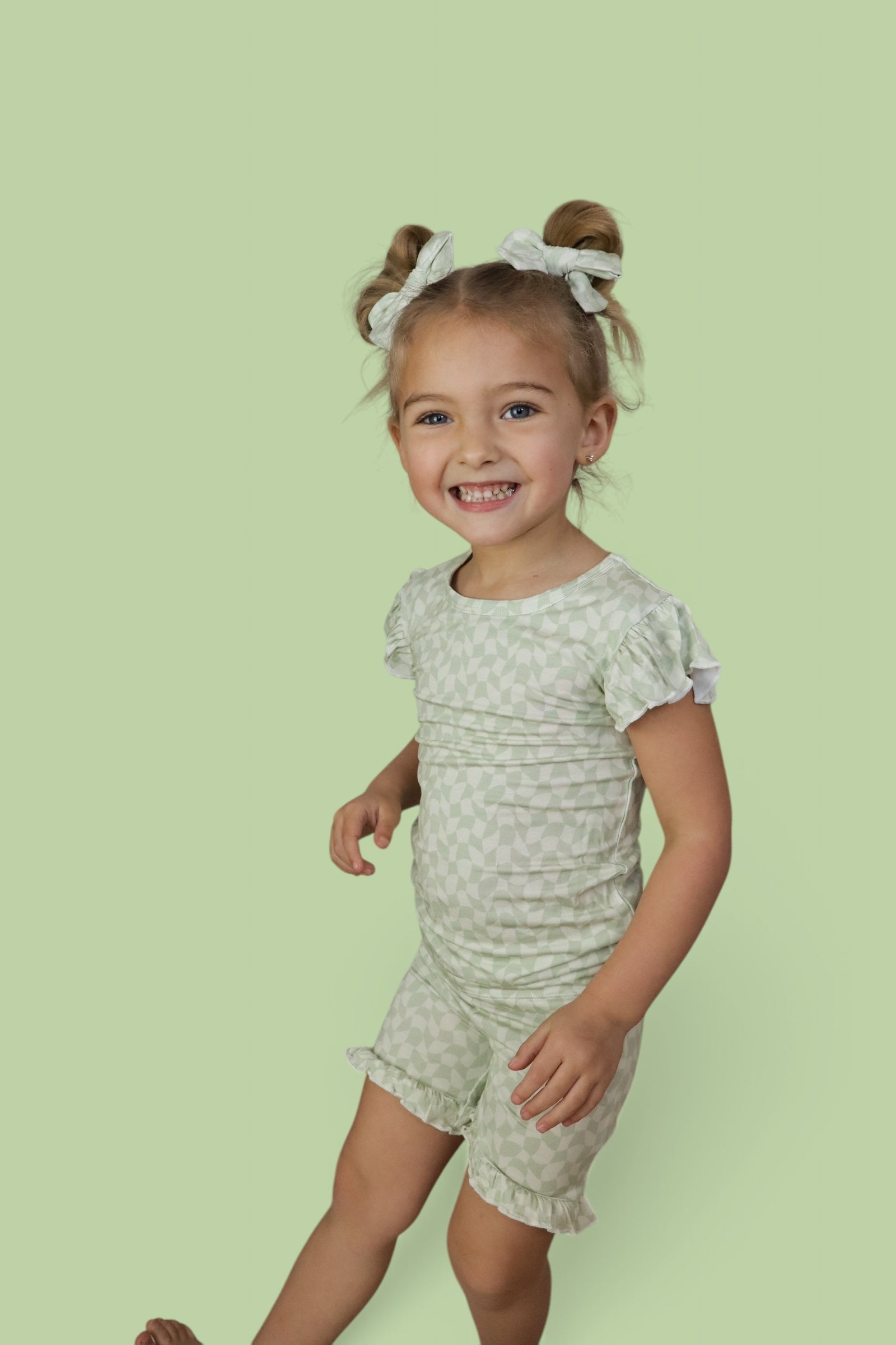 Sage Wavy Checkers Dream Ruffle Short Set