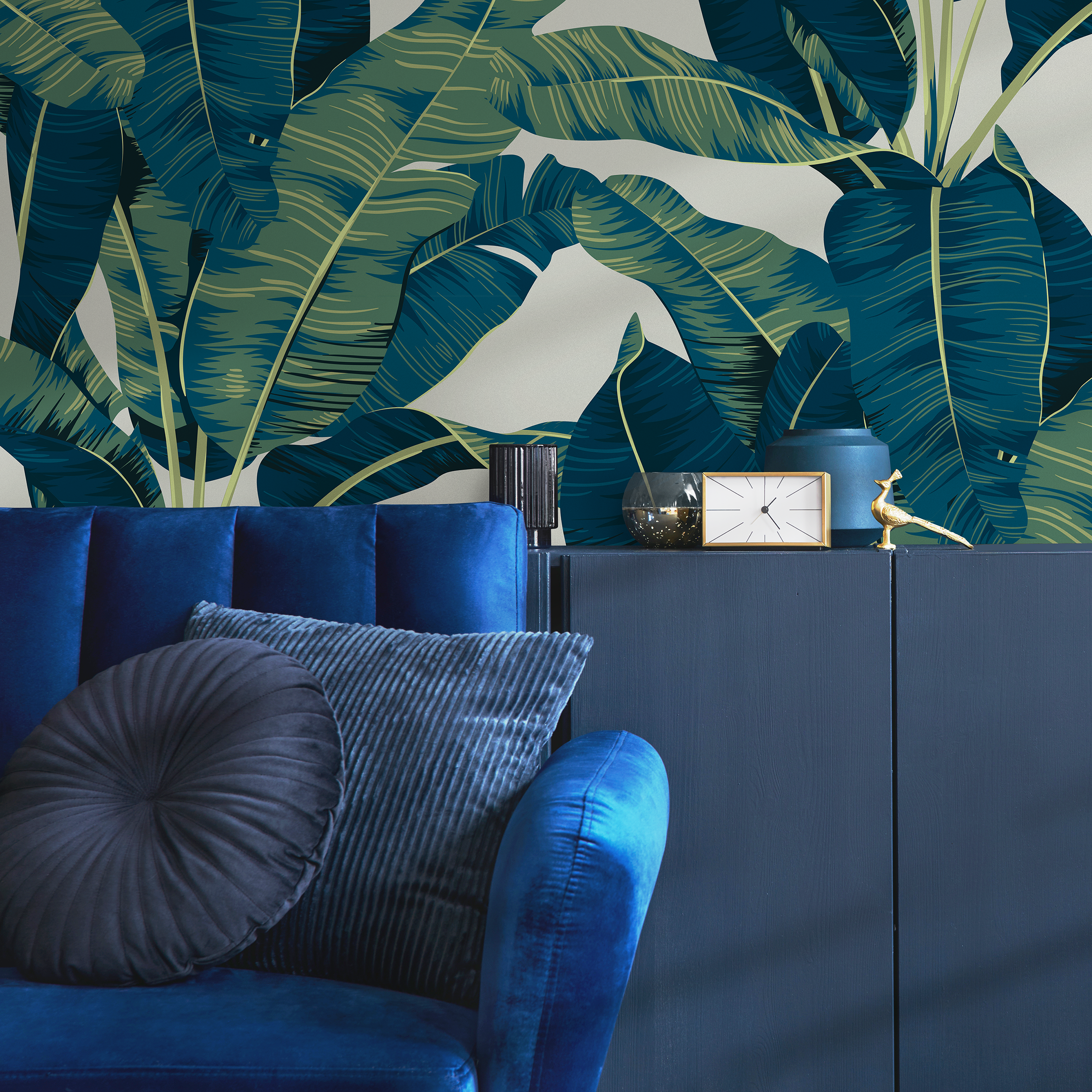 Tropical Wallpaper With Lush Banana Leaves In Teal And Green - C160