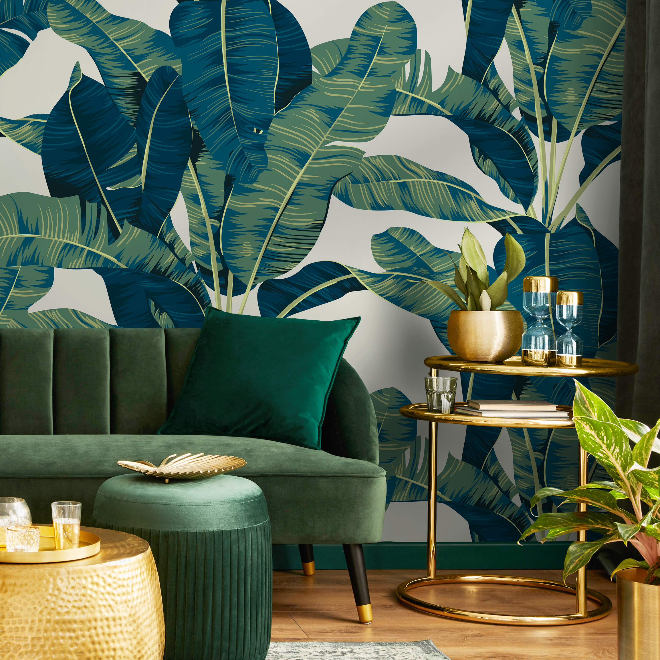 Tropical Wallpaper With Lush Banana Leaves In Teal And Green - C160