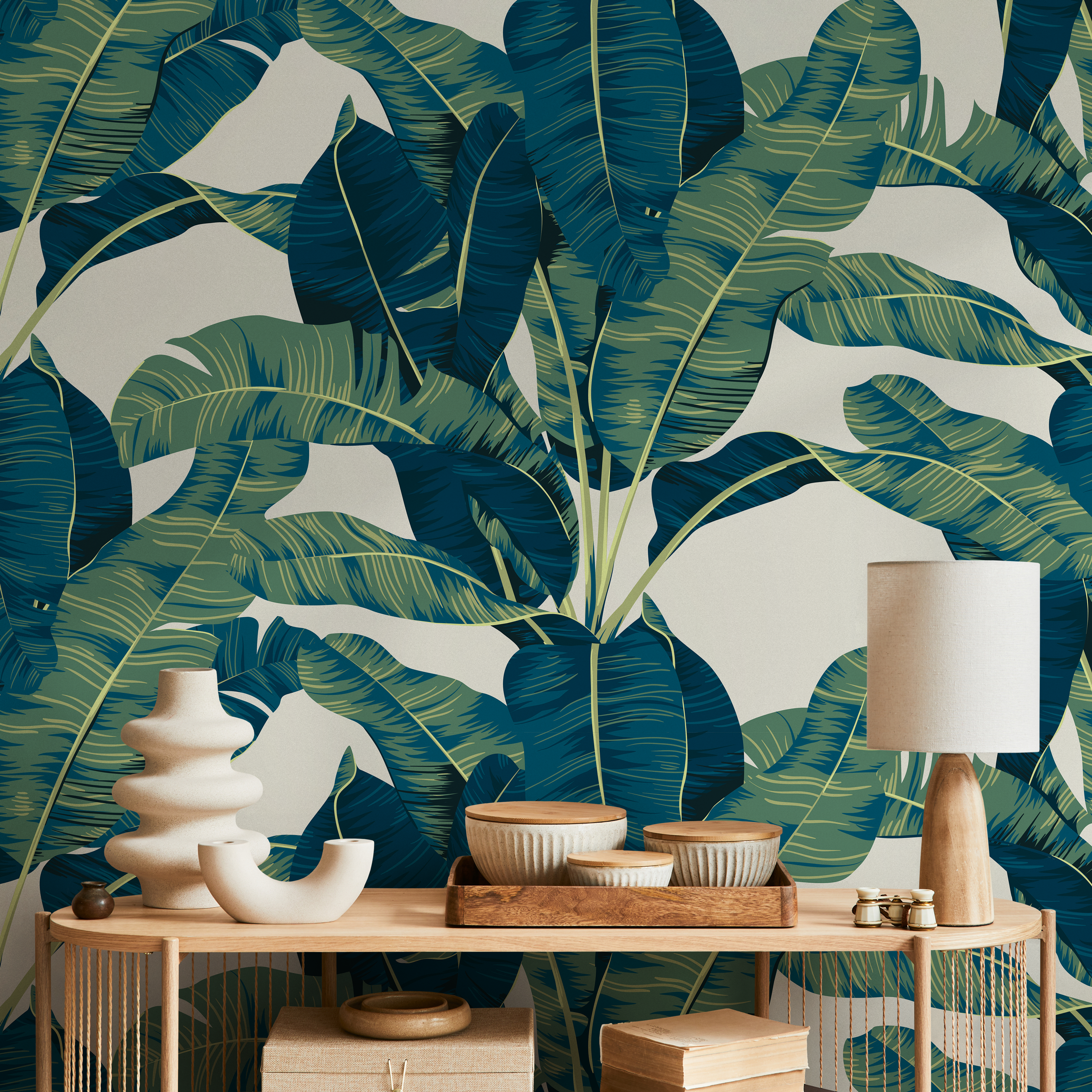 Tropical Wallpaper With Lush Banana Leaves In Teal And Green - C160