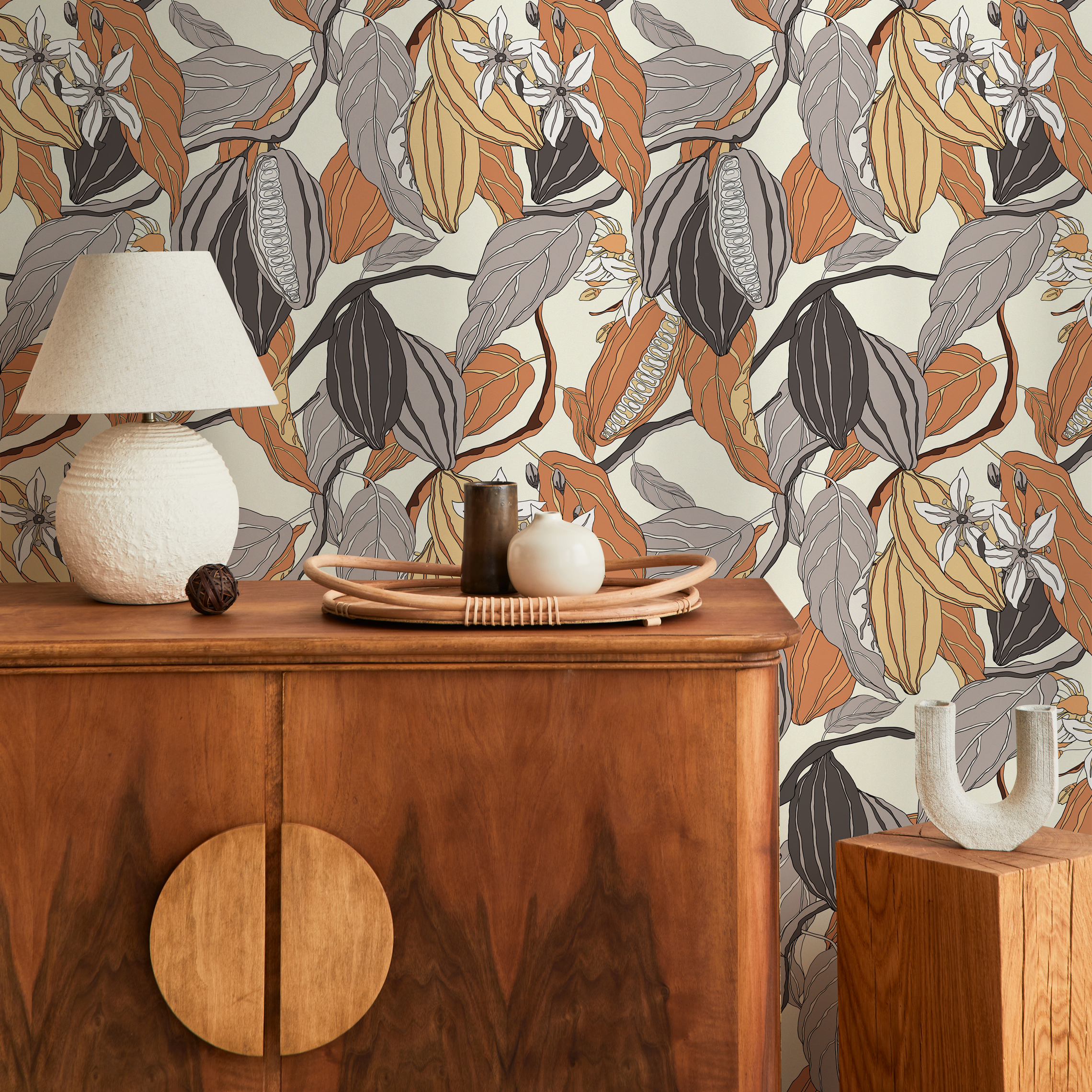 Botanical Wallpaper Featuring Cacao Pods And Flowers In Brown And Gray - C161