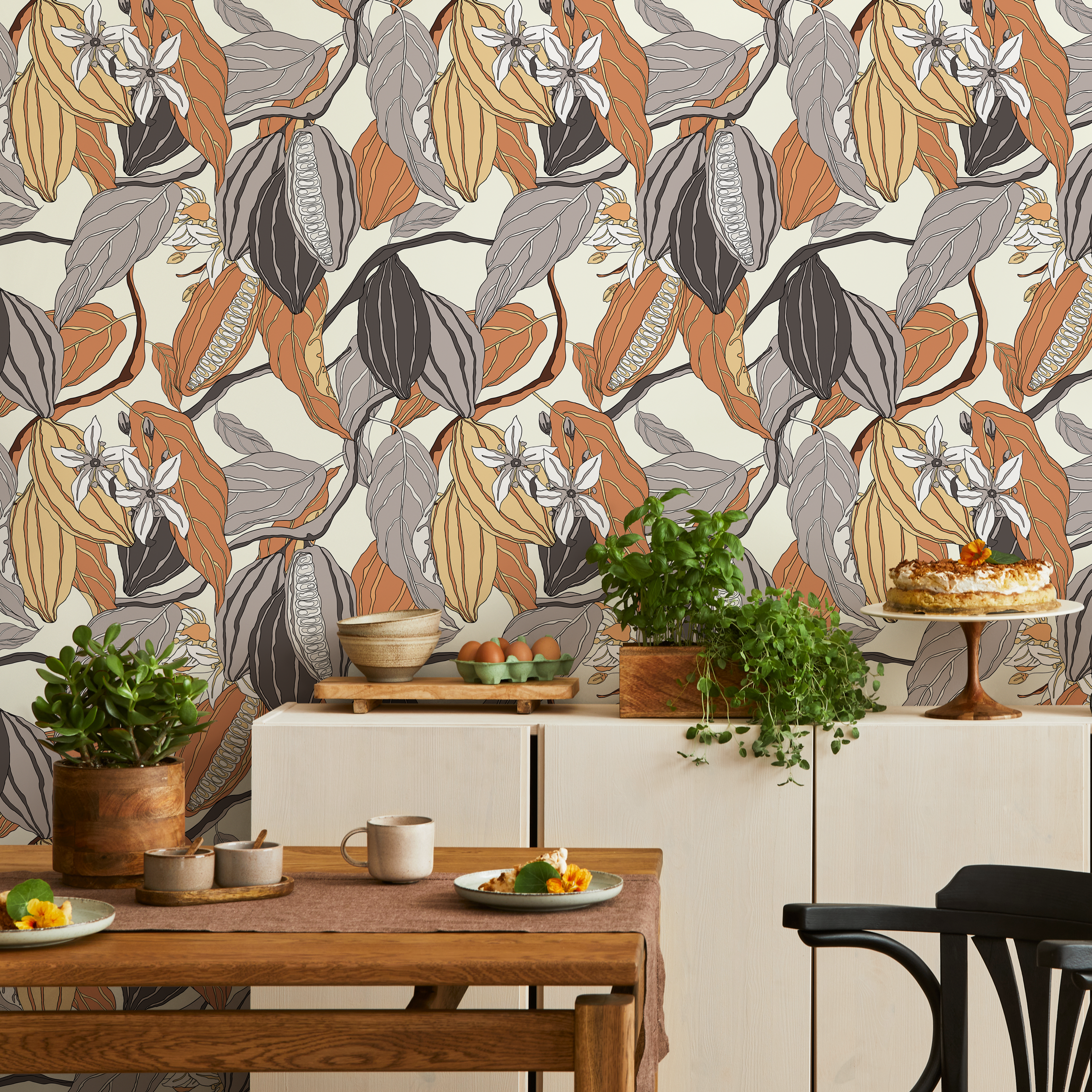 Botanical Wallpaper Featuring Cacao Pods And Flowers In Brown And Gray - C161