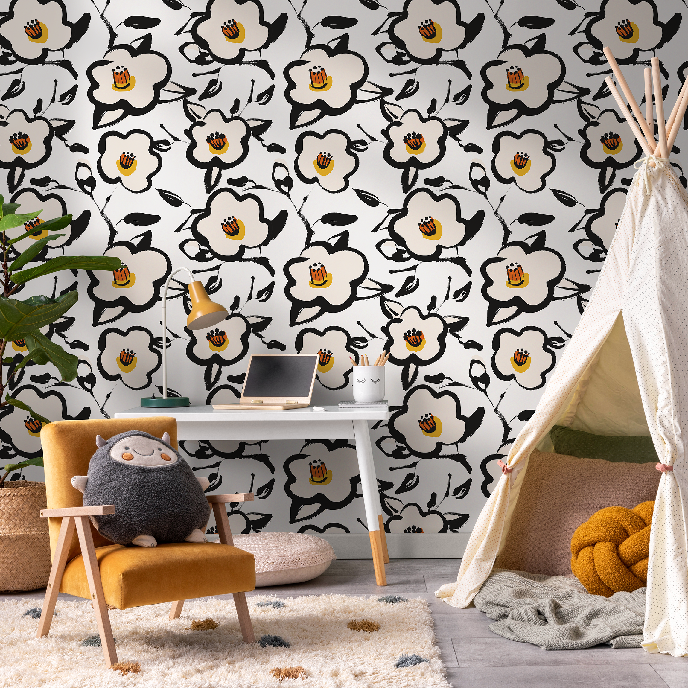 Floral Wallpaper With A Bold Brushstroke Motif In Black And Yellow - C164