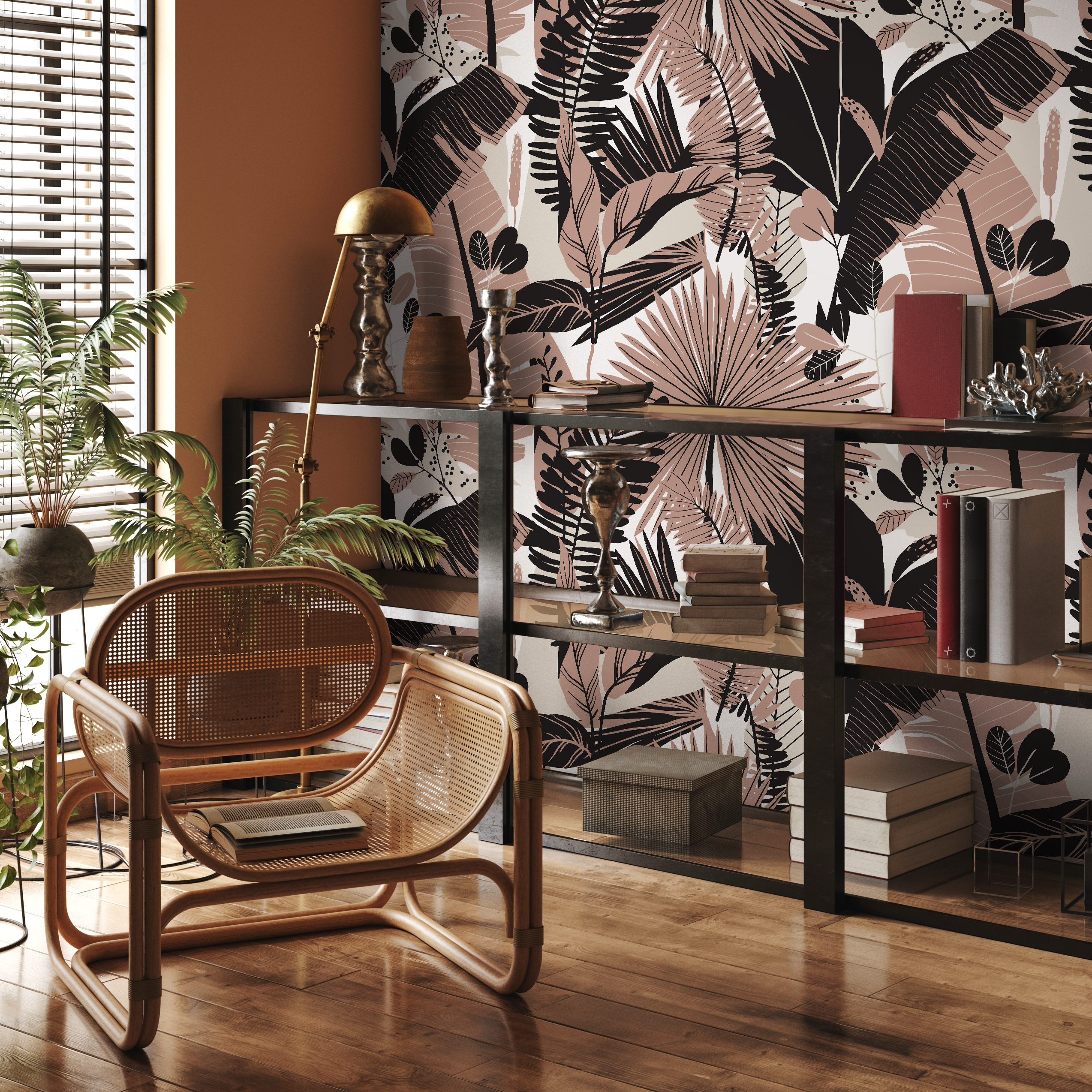 Botanical Wallpaper Featuring Modern Jungle Leaves In Pink And Black - C166