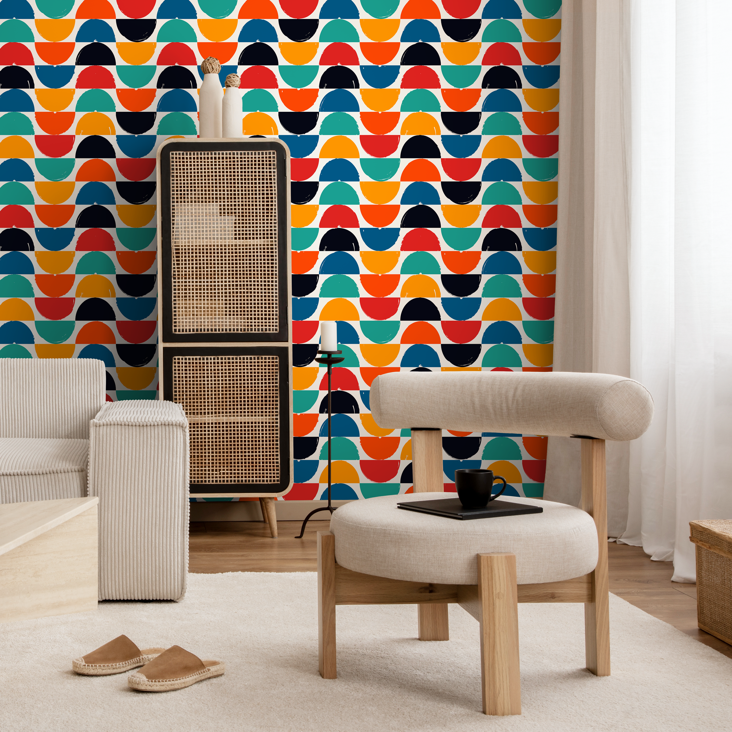 Geometric Wallpaper Featuring Colorful Half-moon Shapes In Red, Orange, And Blue - C167