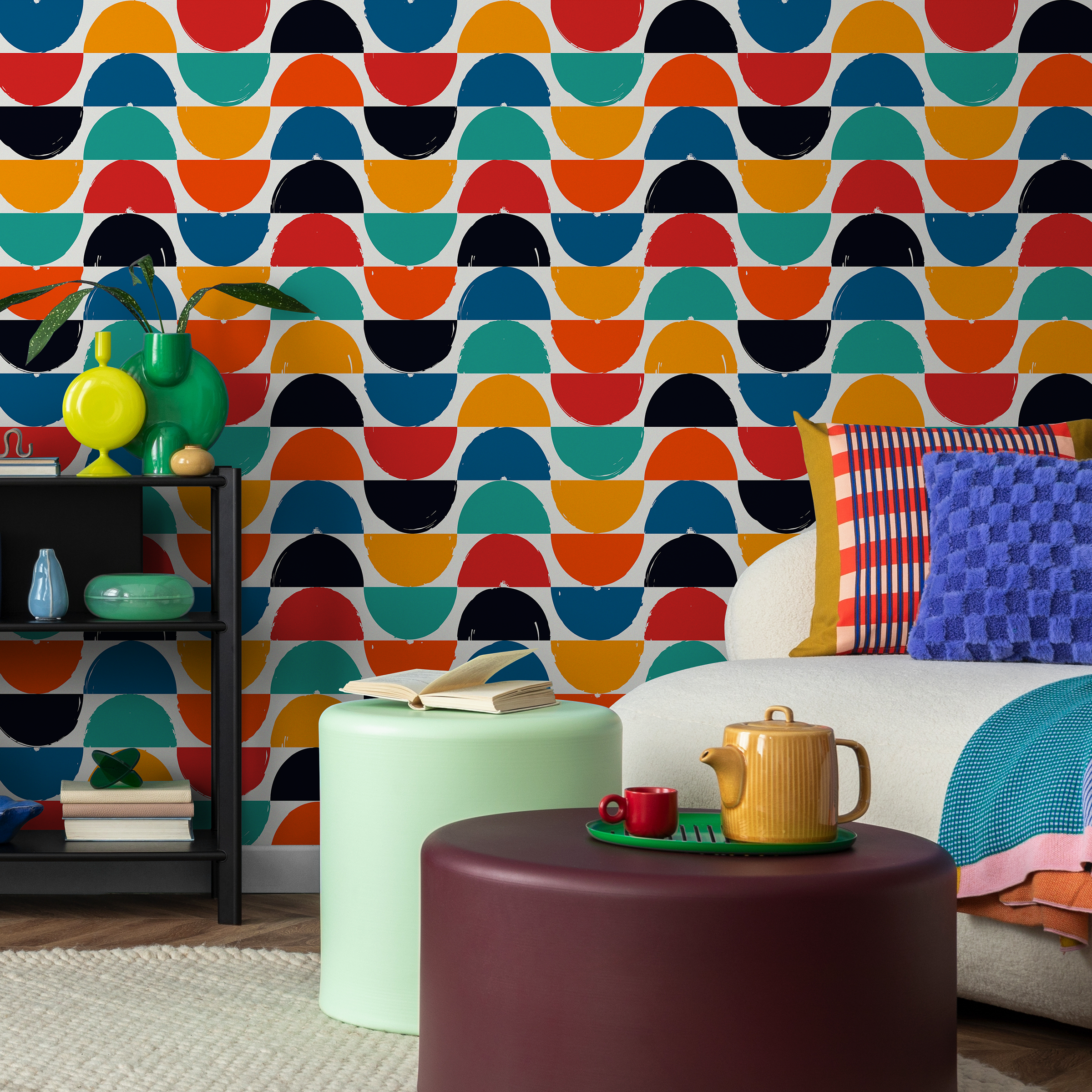 Geometric Wallpaper Featuring Colorful Half-moon Shapes In Red, Orange, And Blue - C167