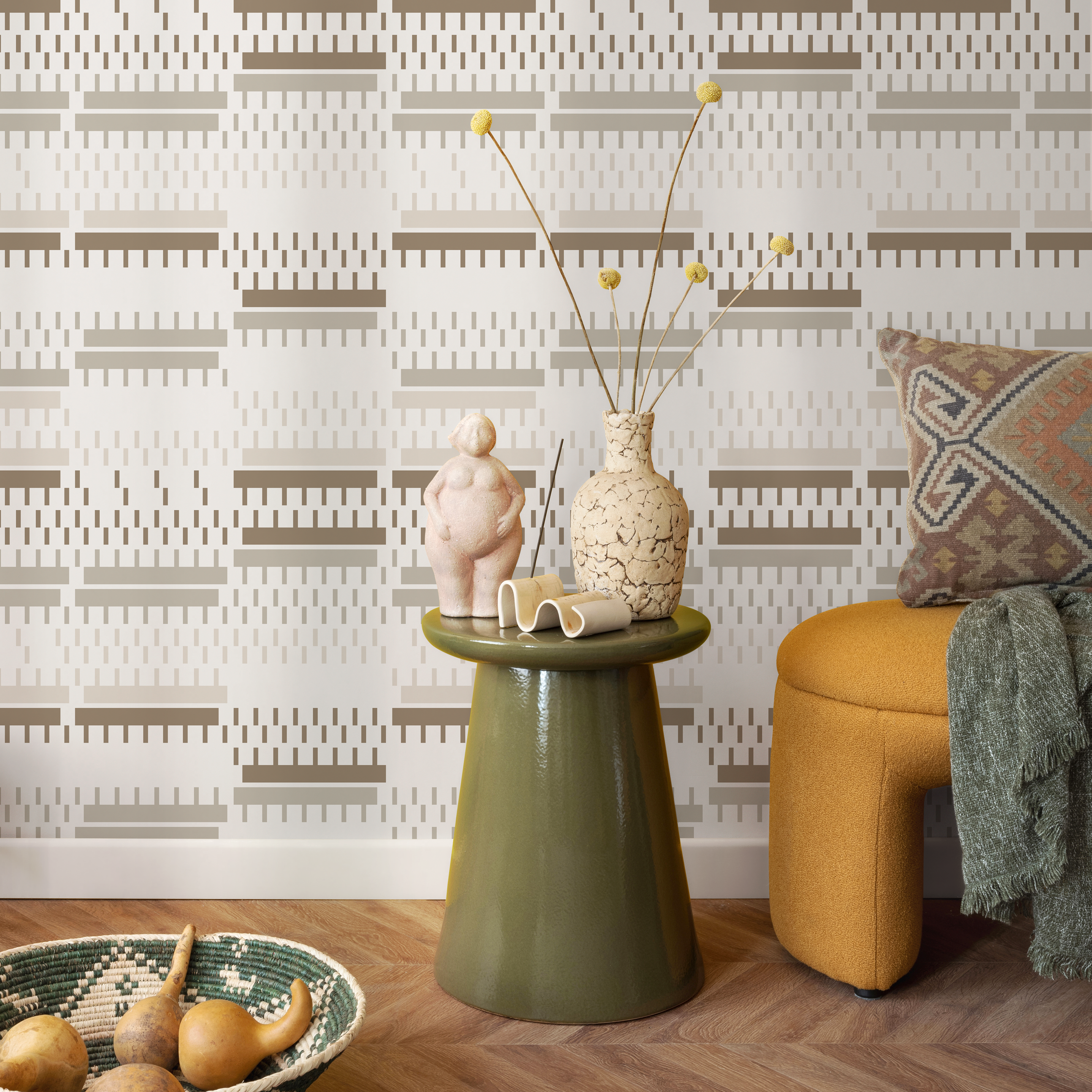 Geometric Wallpaper With Modern Striped Accents In Brown And Beige - C168