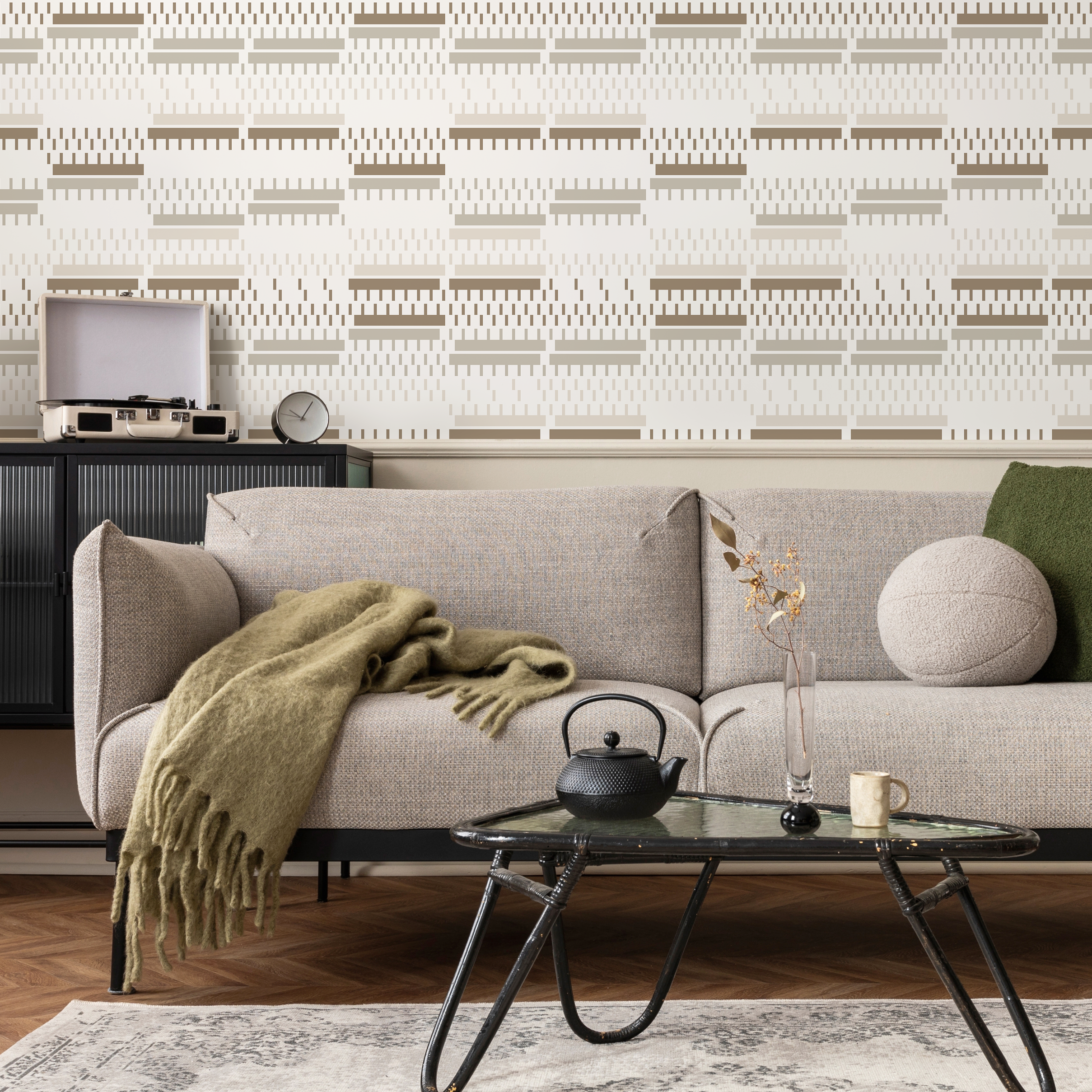 Geometric Wallpaper With Modern Striped Accents In Brown And Beige - C168