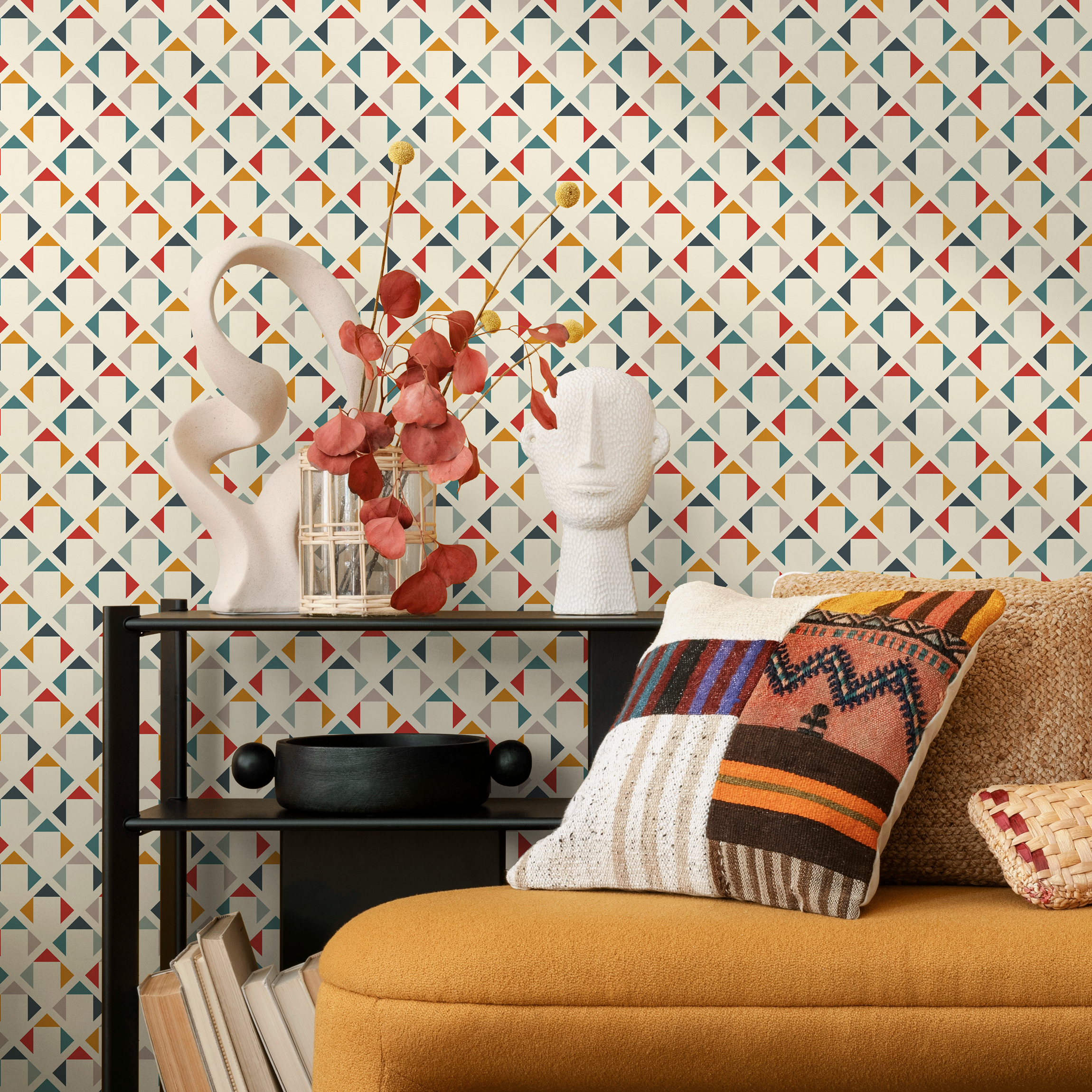 Geometric Wallpaper With A Colorful Triangle Grid In Red, Blue, And Yellow - C169