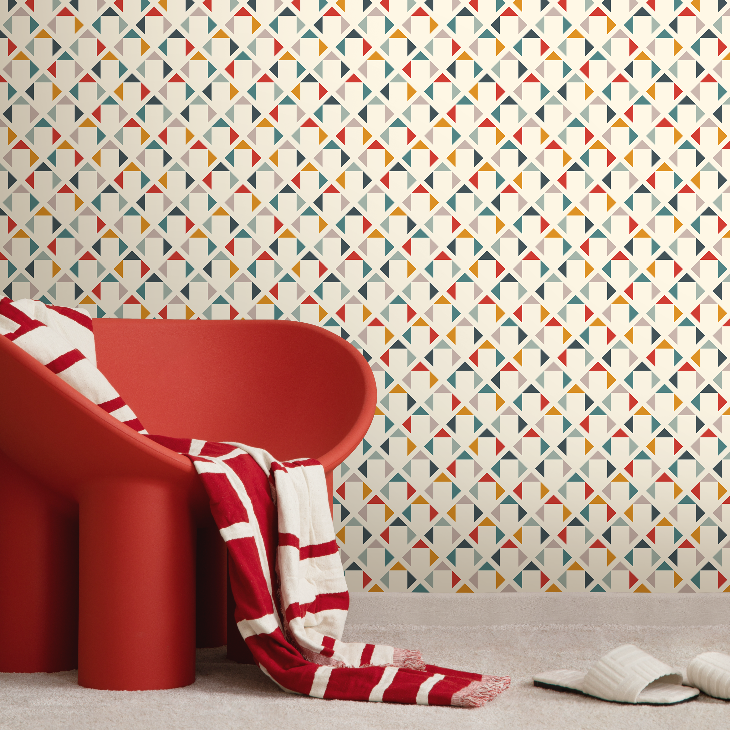 Geometric Wallpaper With A Colorful Triangle Grid In Red, Blue, And Yellow - C169
