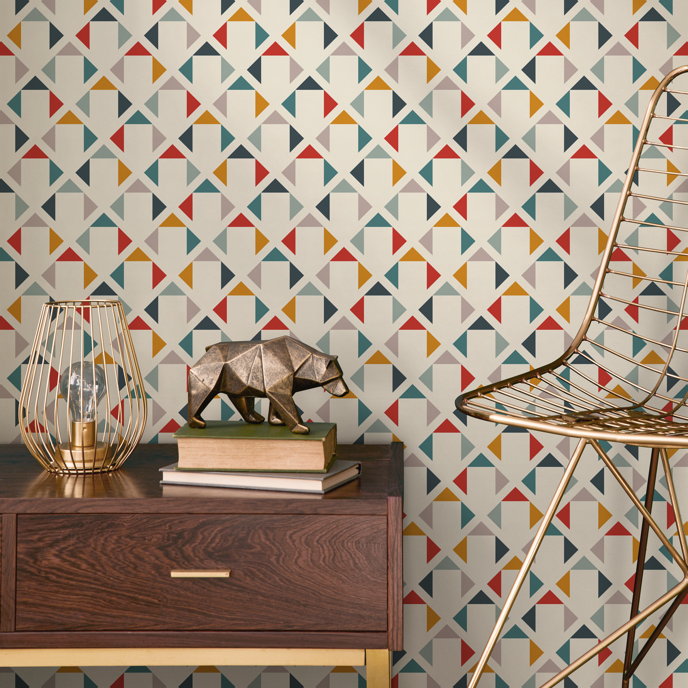 Geometric Wallpaper With A Colorful Triangle Grid In Red, Blue, And Yellow - C169