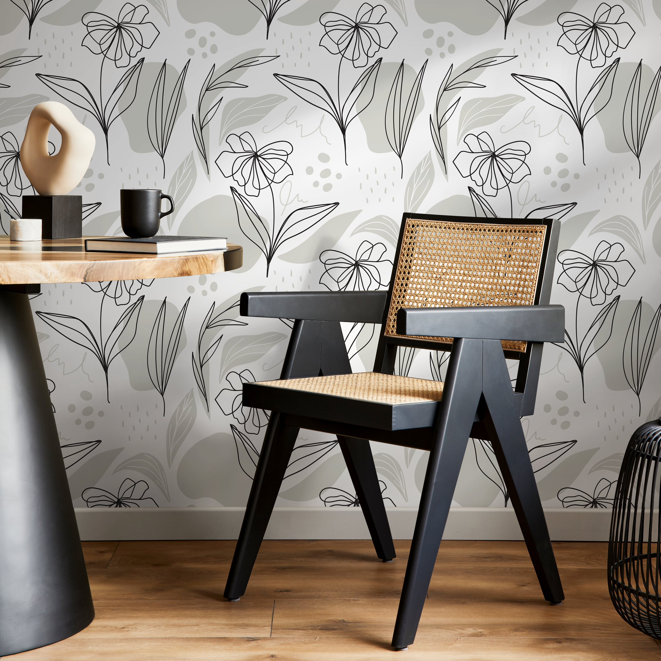 Botanical Wallpaper With Minimalist Line Art Flowers In Black And Gray - C176