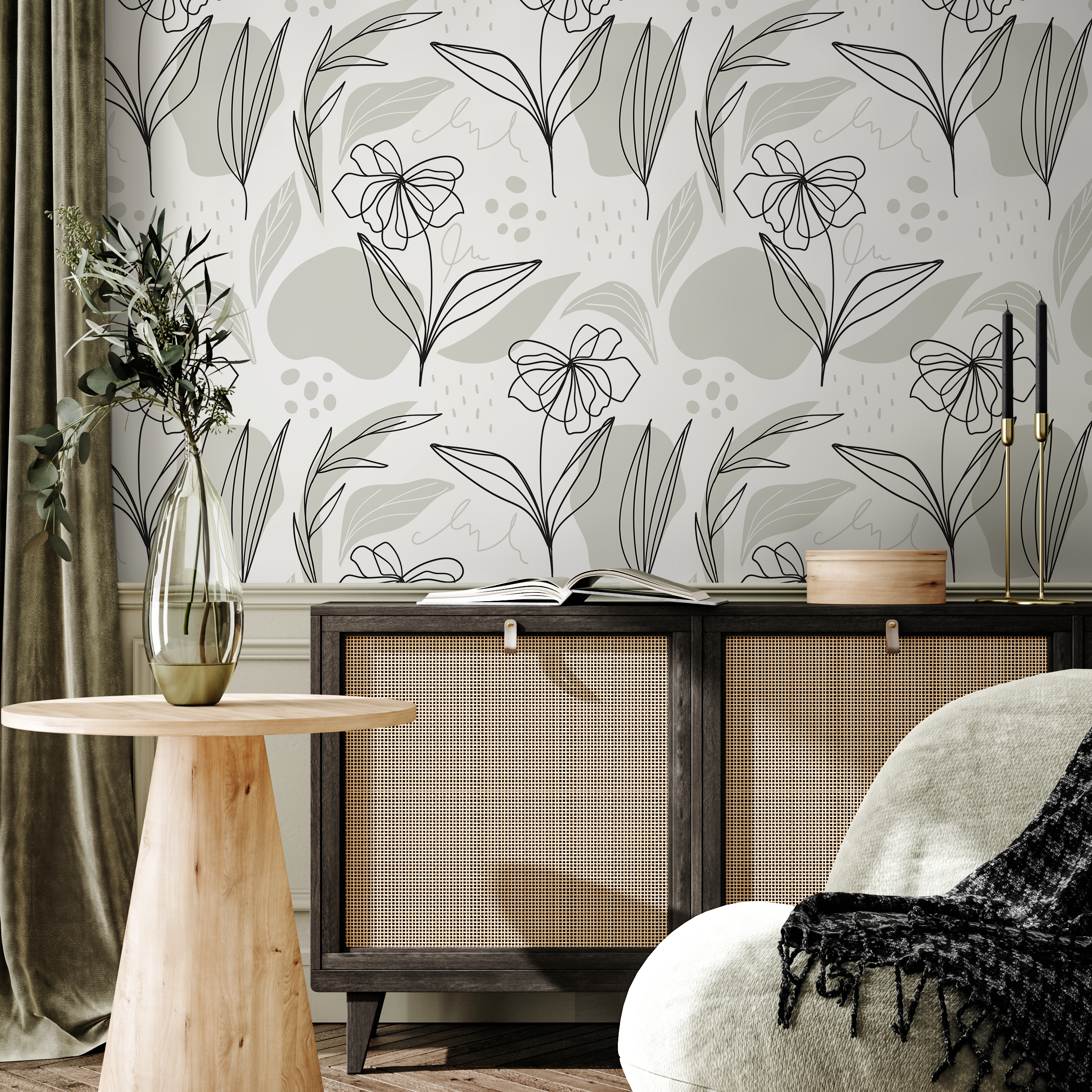 Botanical Wallpaper With Minimalist Line Art Flowers In Black And Gray - C176