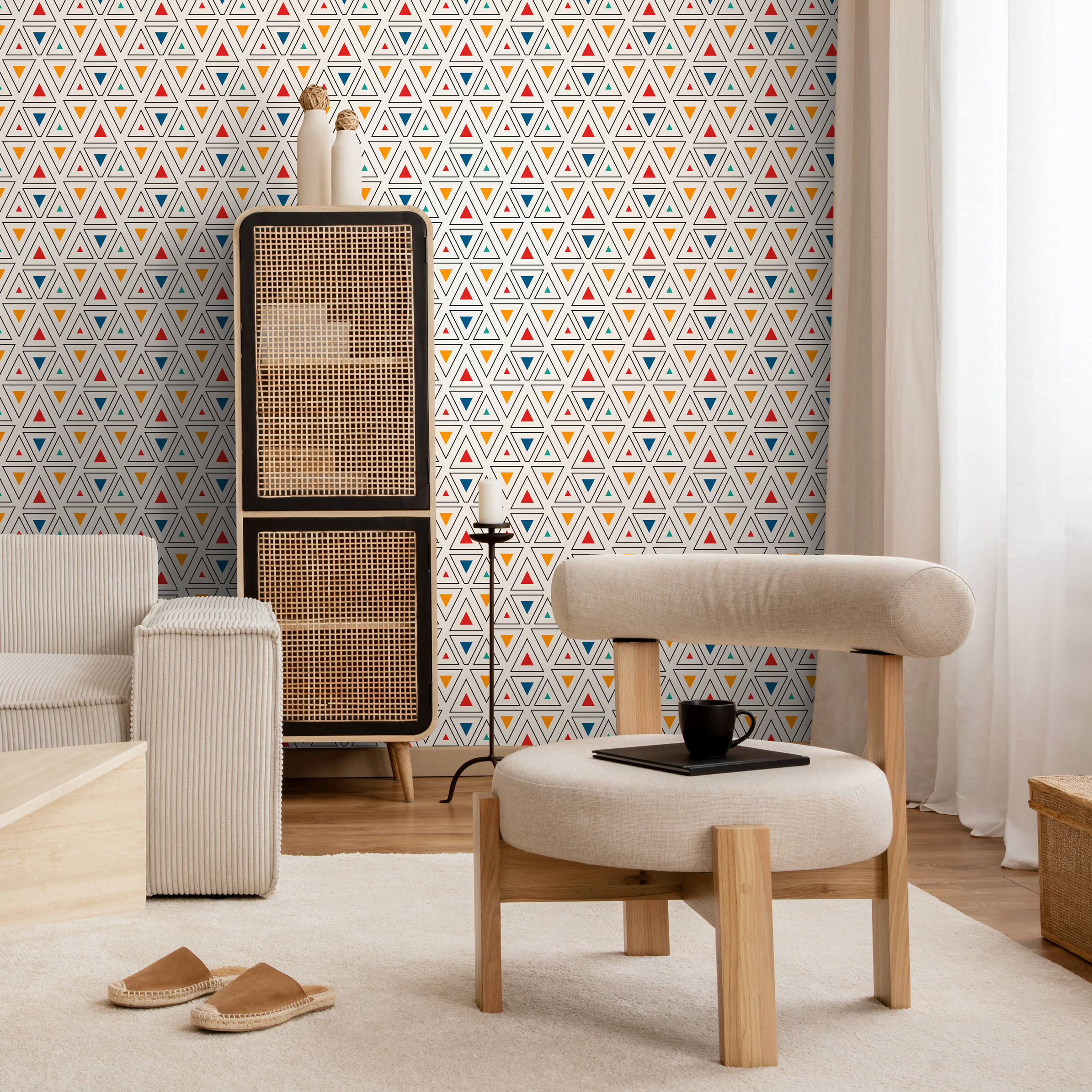 Geometric Wallpaper With A Pattern Of Colorful Triangles In Red, Orange, And Blue - C177