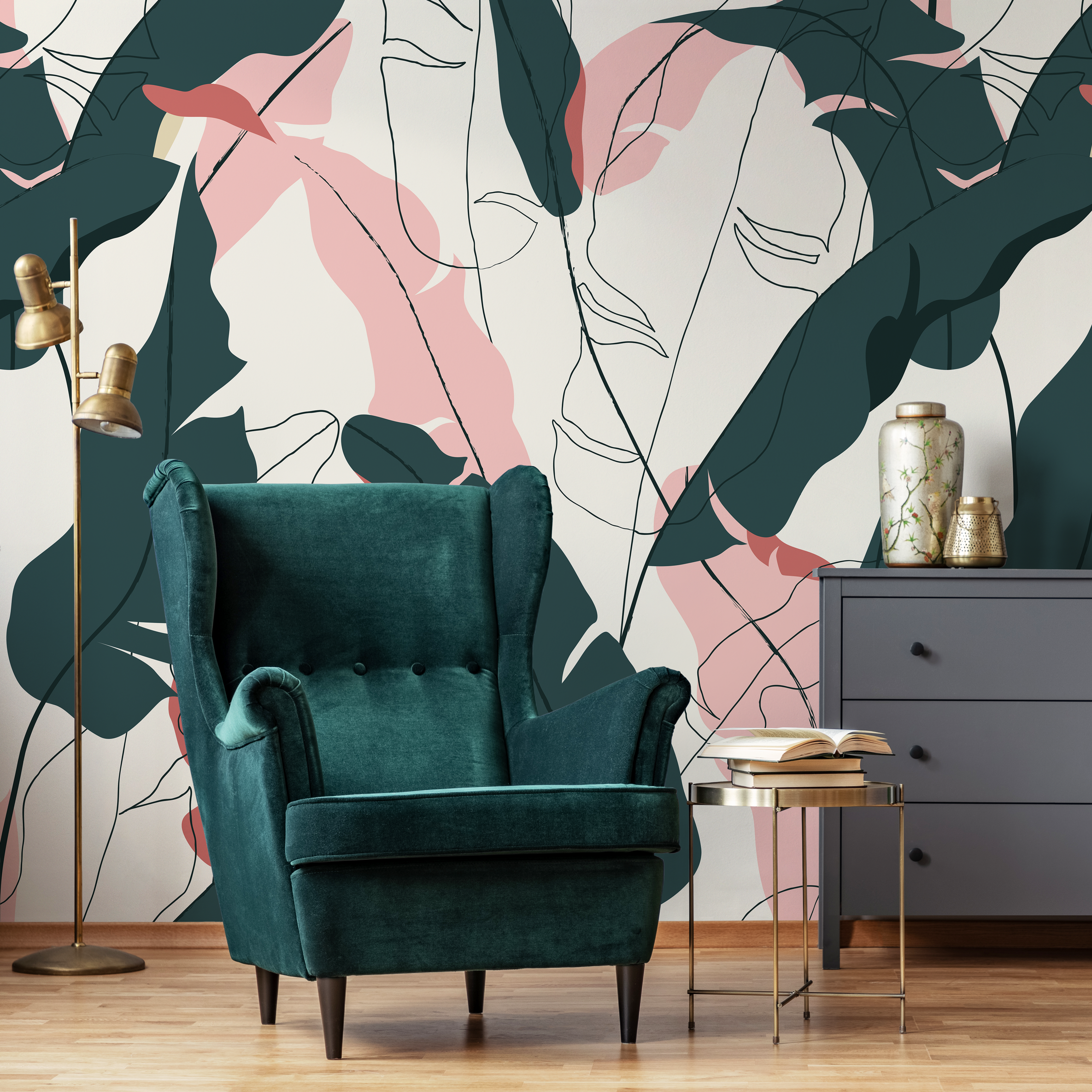 Abstract Wallpaper With Botanical Leaves And Line Art Faces In Teal And Pink - C179