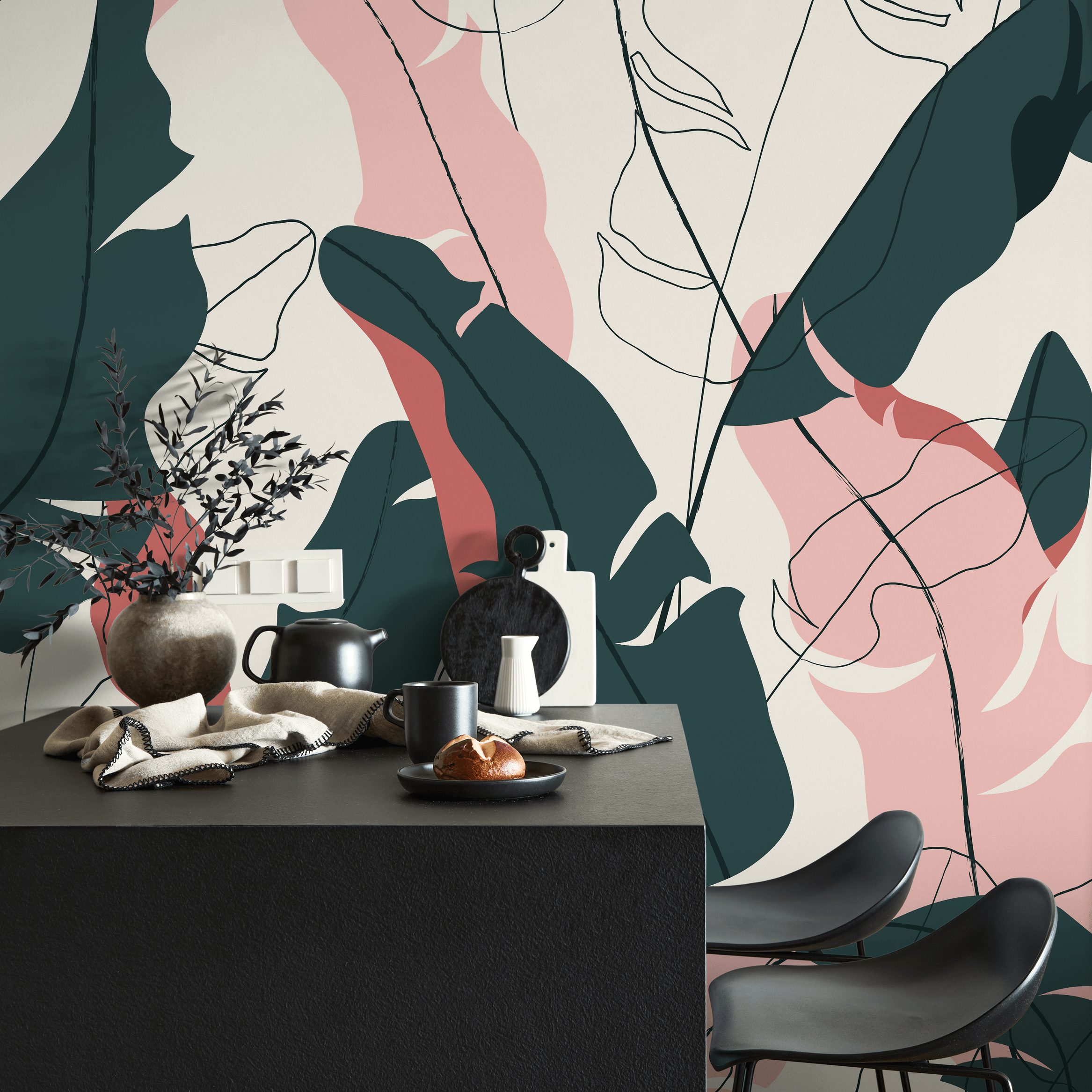 Abstract Wallpaper With Botanical Leaves And Line Art Faces In Teal And Pink - C179