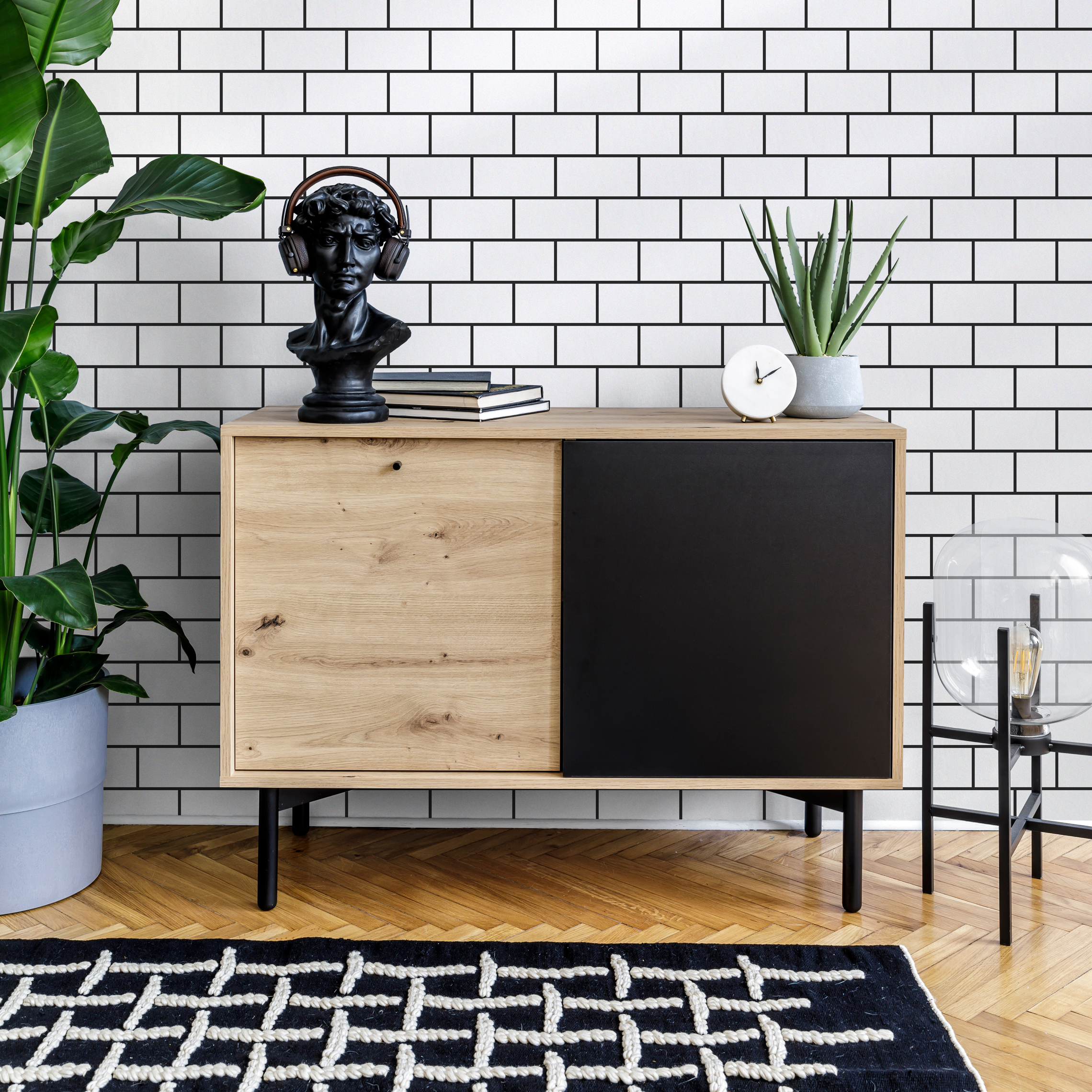 Subway Tile Wallpaper With A Minimalist Brick Pattern In Black And White - C180