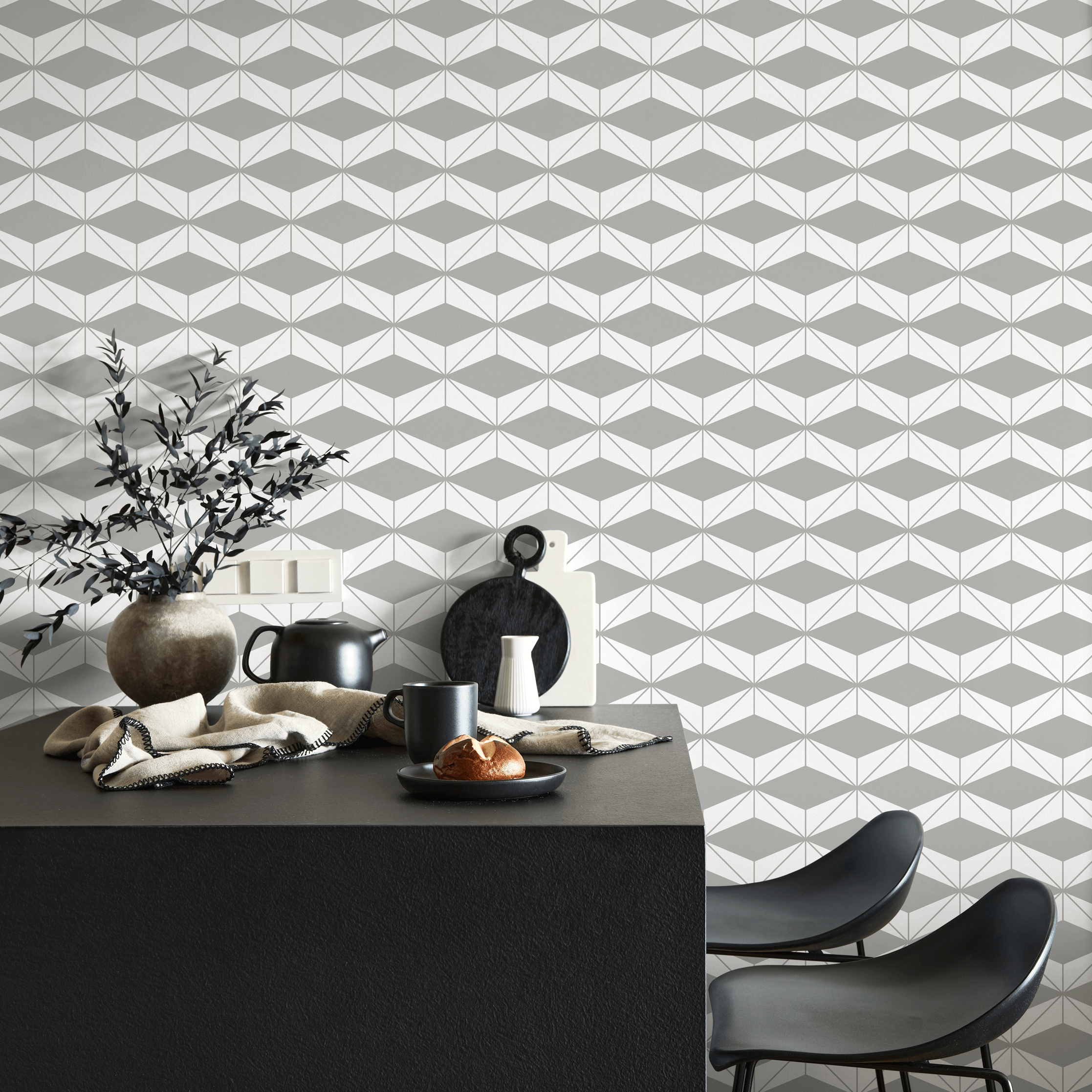 Geometric Wallpaper With A Tessellated Diamond Motif In Shades Of Gray - C181