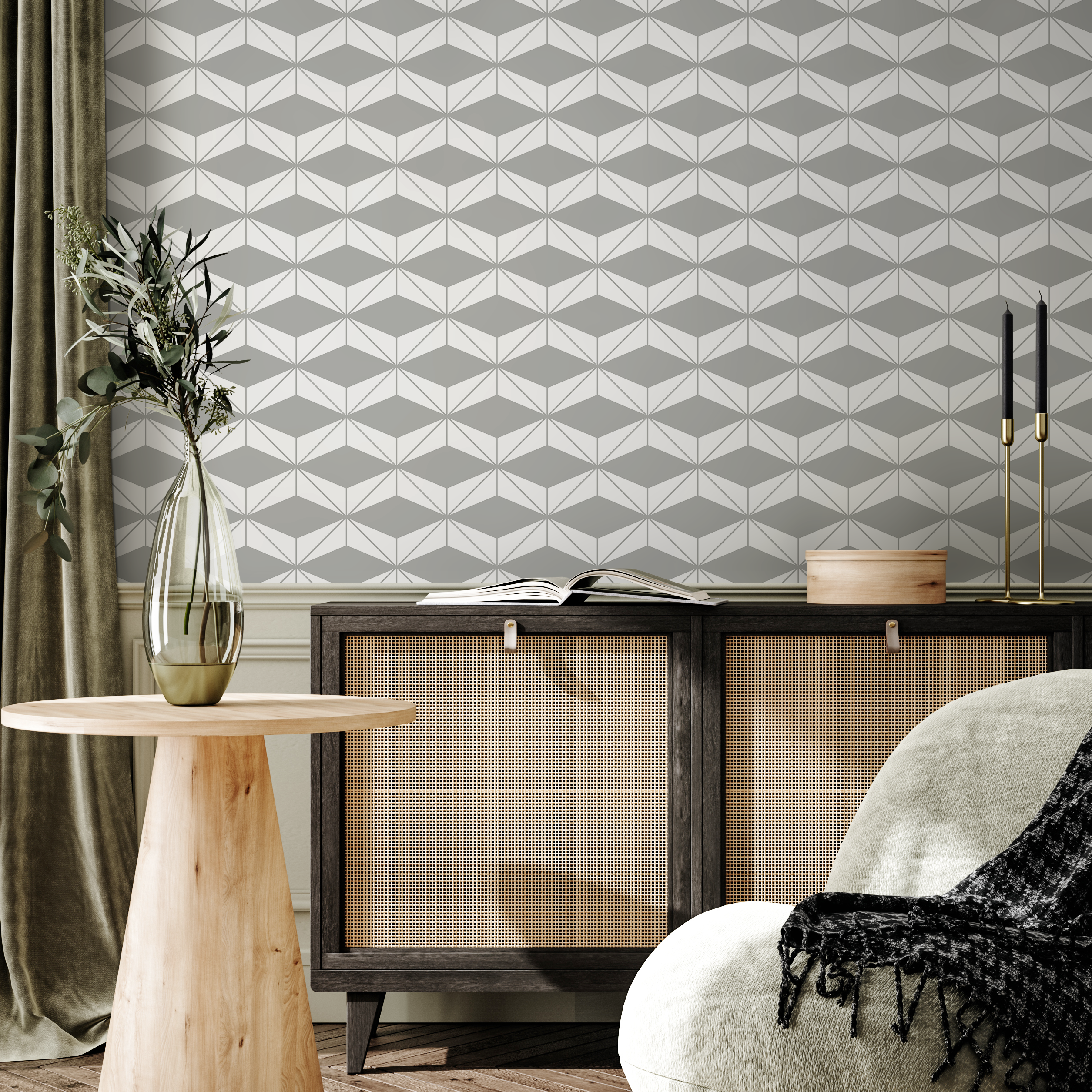 Geometric Wallpaper With A Tessellated Diamond Motif In Shades Of Gray - C181