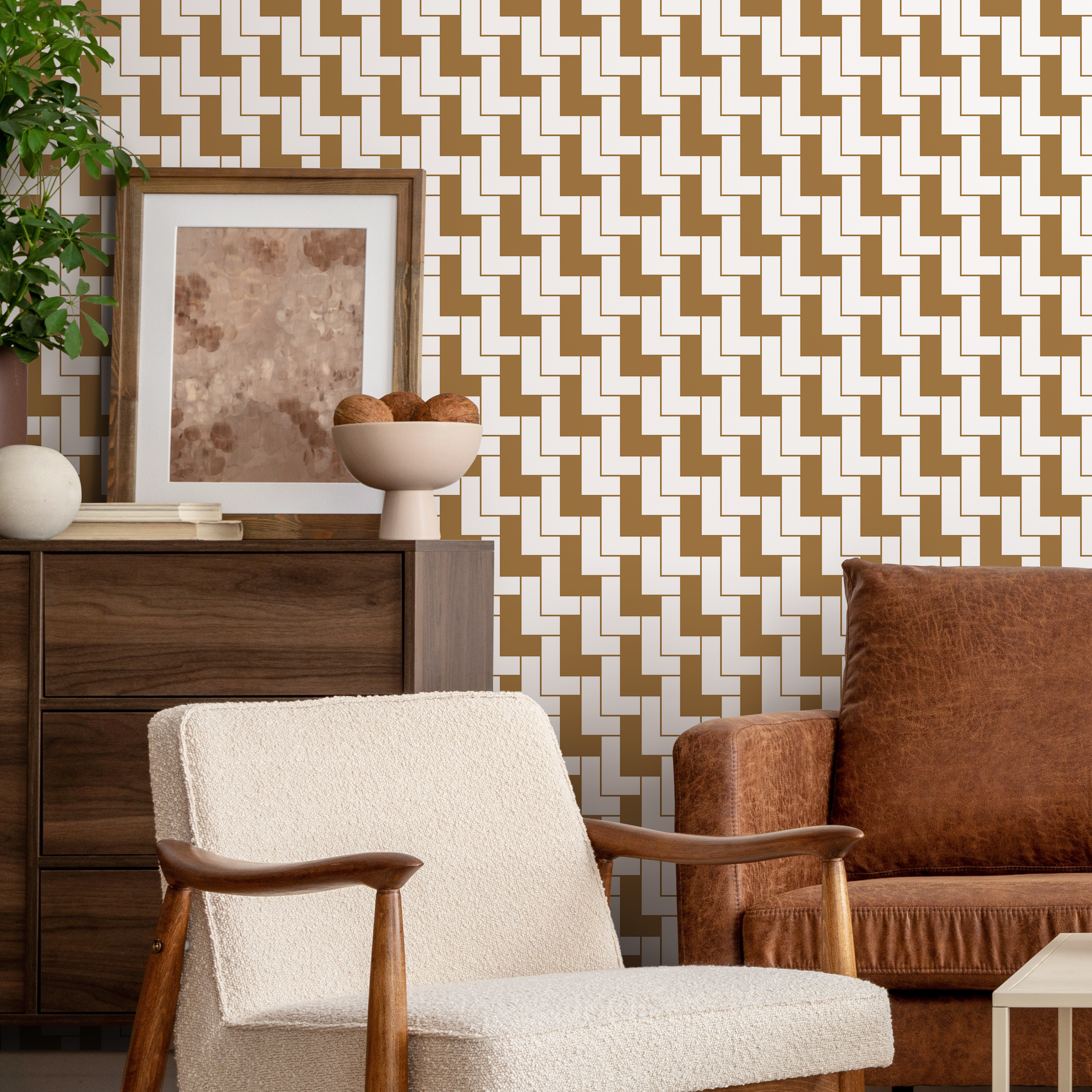 Geometric Wallpaper With An Interlocking L-shape Motif In Brown And White - C182