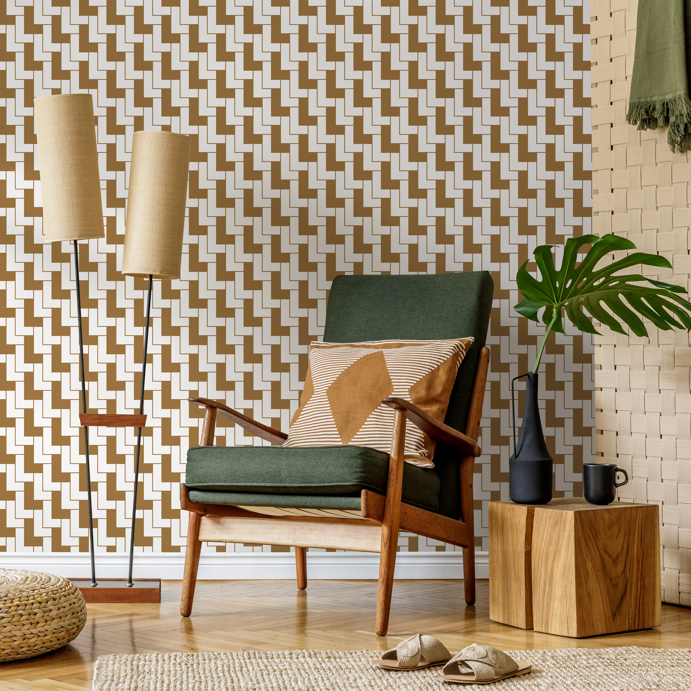 Geometric Wallpaper With An Interlocking L-shape Motif In Brown And White - C182