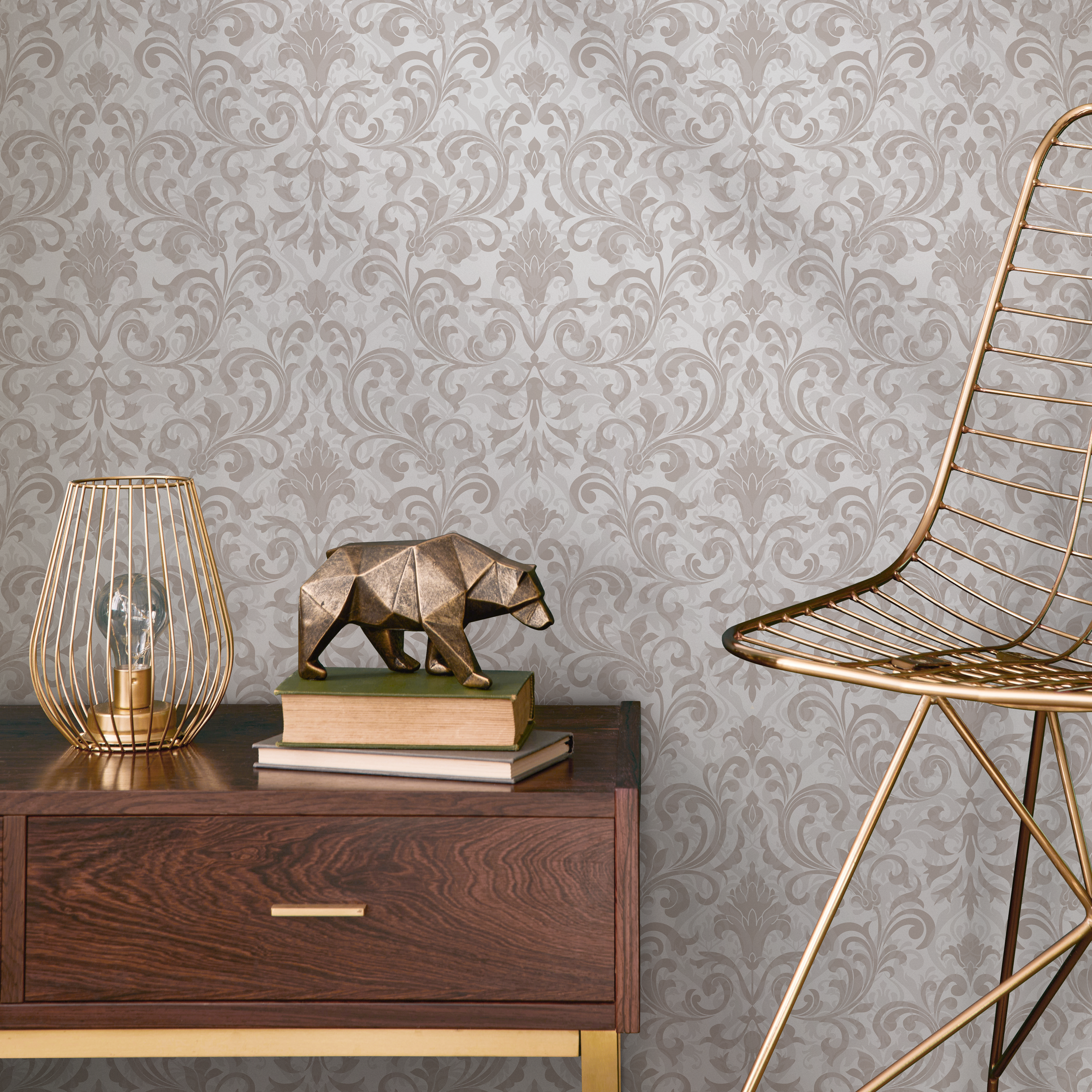 Damask Wallpaper With An Elegant Scroll Motif In Beige And Gray - C186