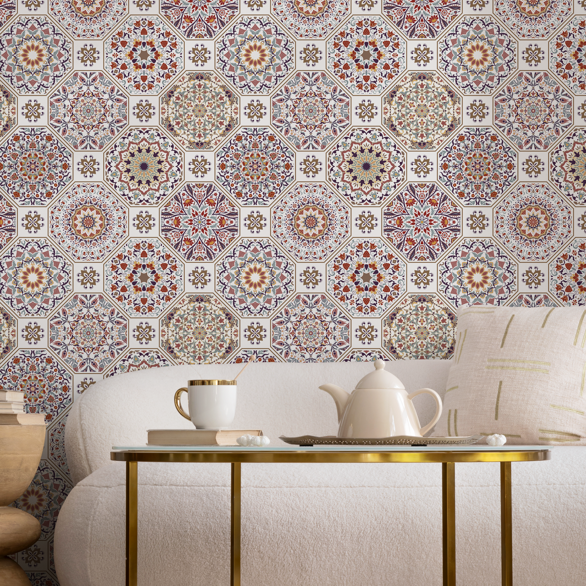 Tile Wallpaper With Intricate Mandala Motifs In Red, Purple, And Gold - C187