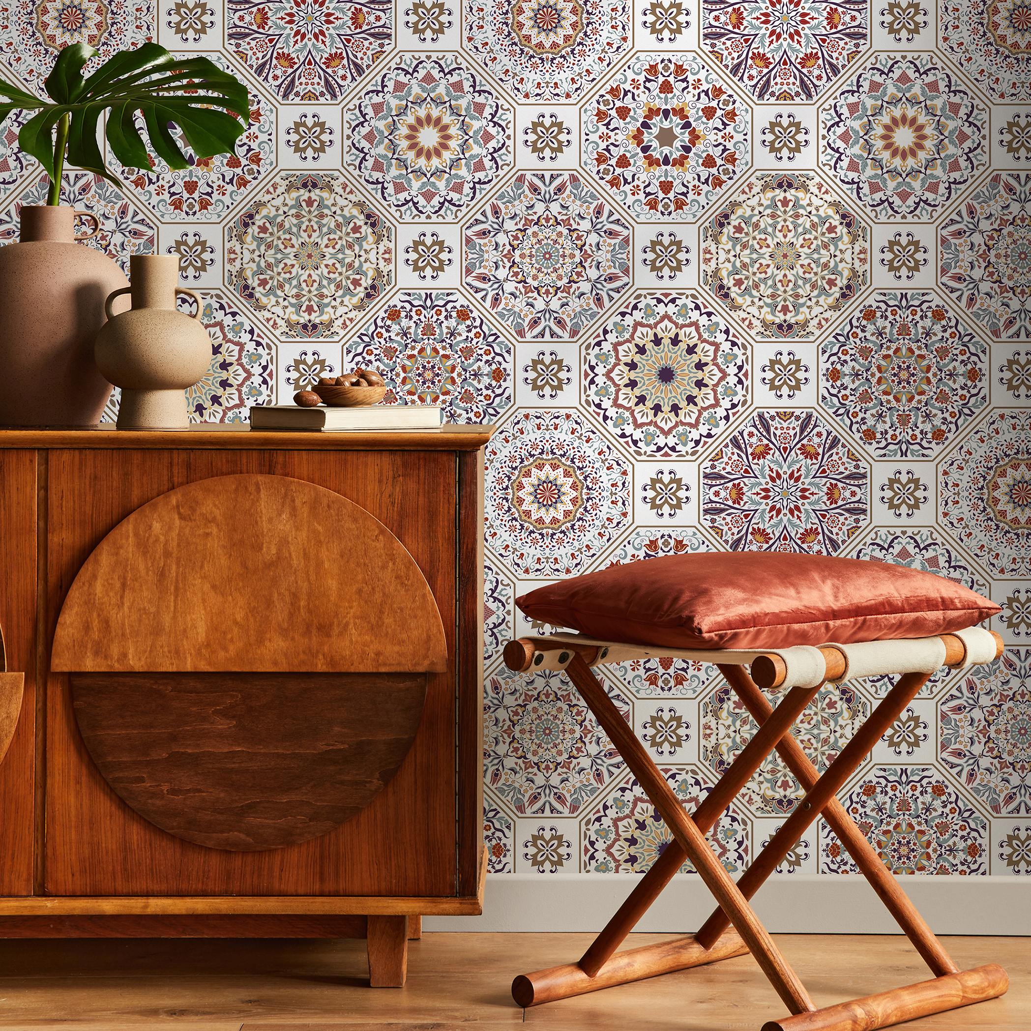 Tile Wallpaper With Intricate Mandala Motifs In Red, Purple, And Gold - C187