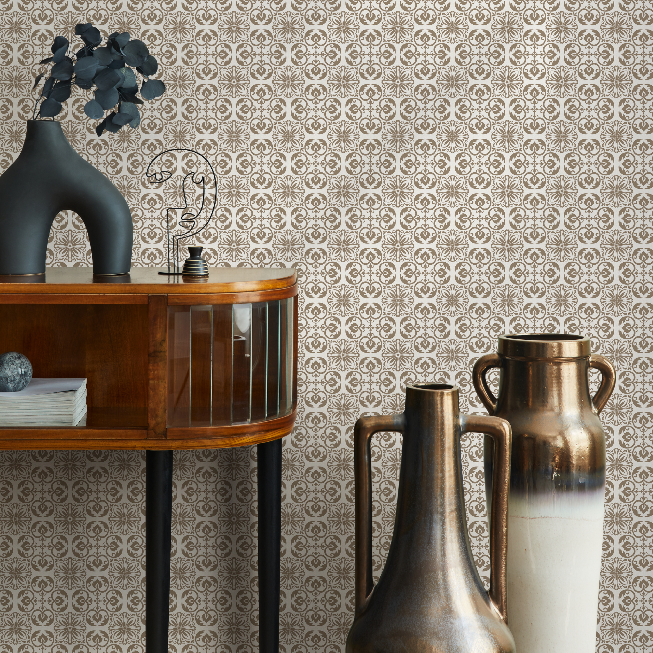 Damask Wallpaper With An Ornate Tile Motif In Brown And Beige - C191