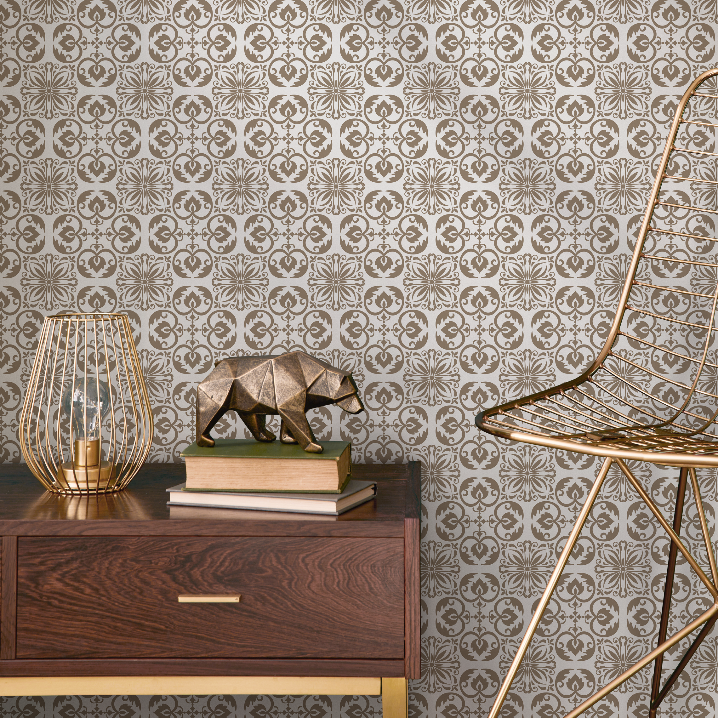 Damask Wallpaper With An Ornate Tile Motif In Brown And Beige - C191
