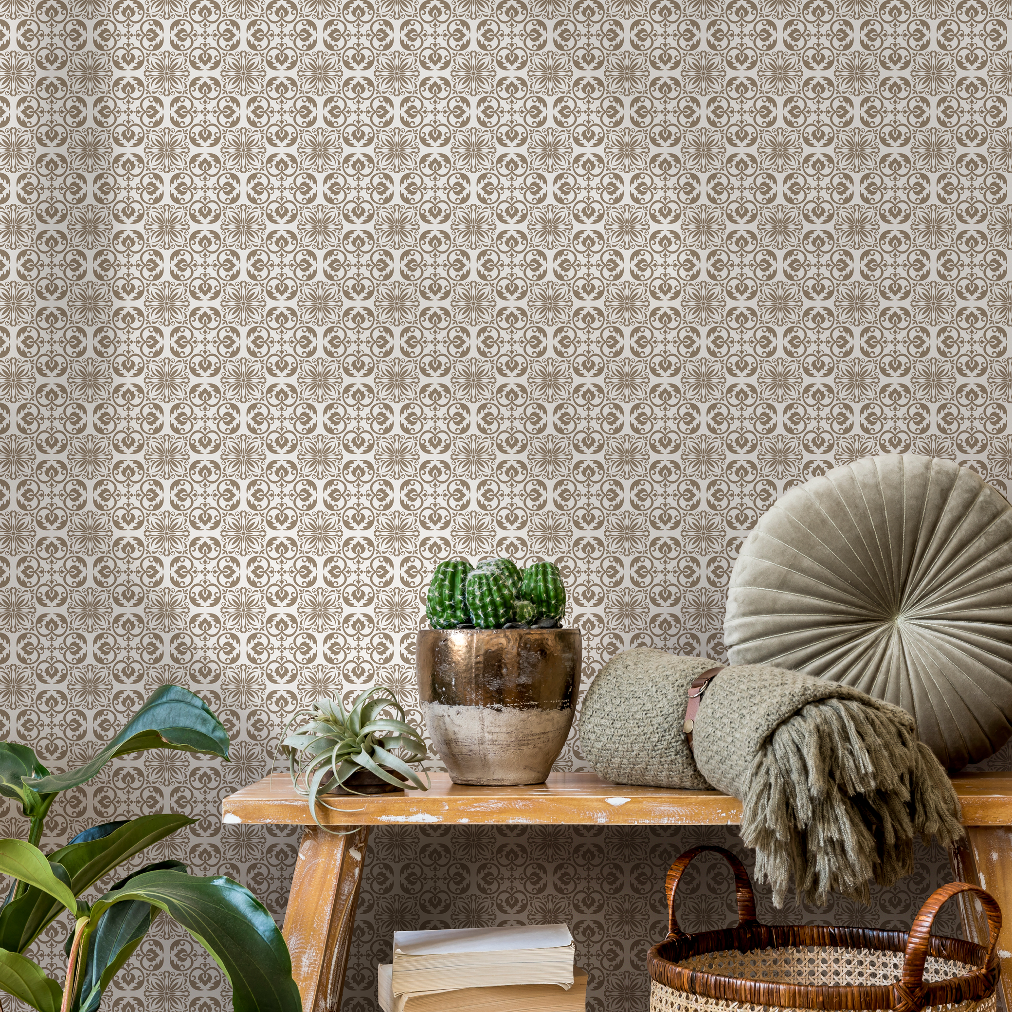 Damask Wallpaper With An Ornate Tile Motif In Brown And Beige - C191