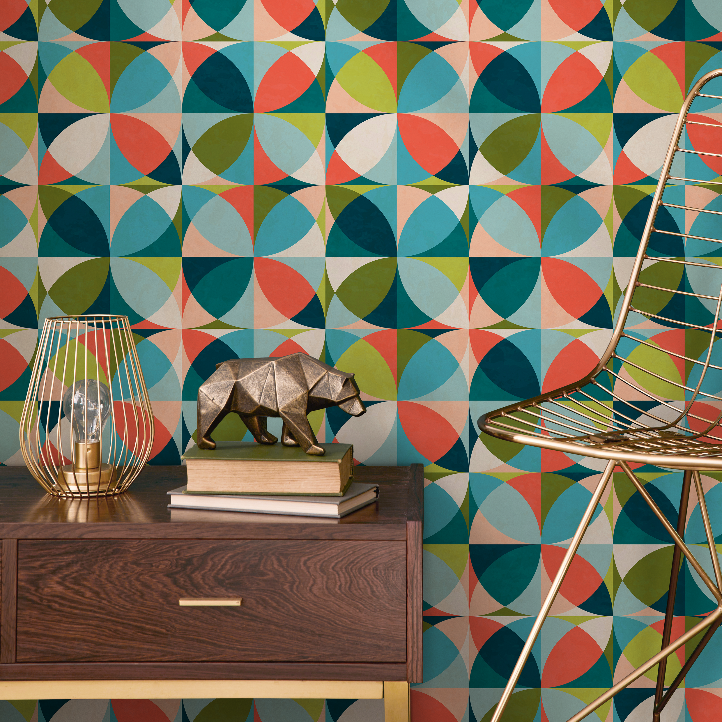 Geometric Wallpaper With A Retro Circle Motif In Teal, Orange, And Green - C192