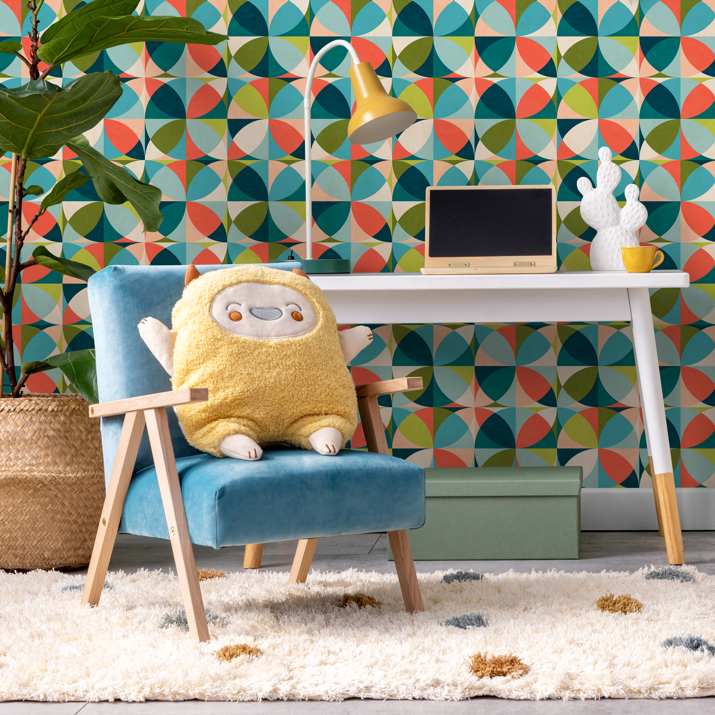 Geometric Wallpaper With A Retro Circle Motif In Teal, Orange, And Green - C192