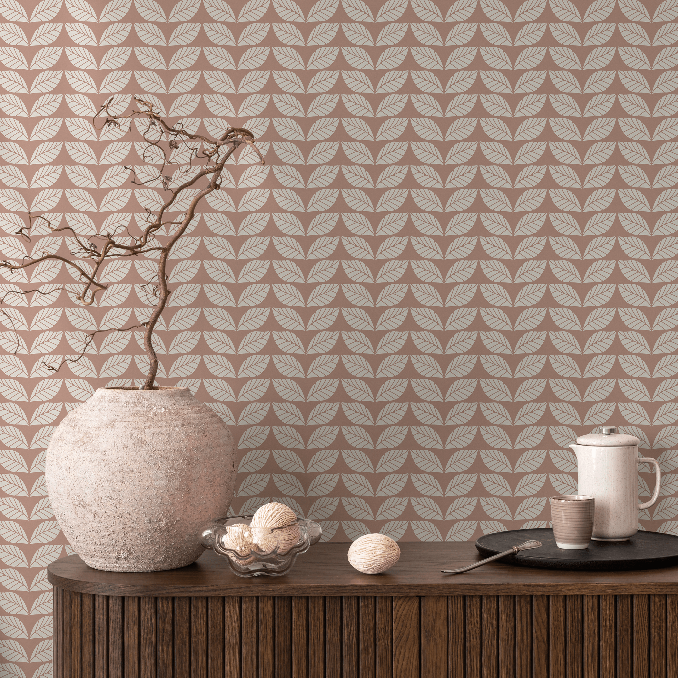 Herringbone Wallpaper With A Stylized Leaf Motif In Terracotta And Beige - C193