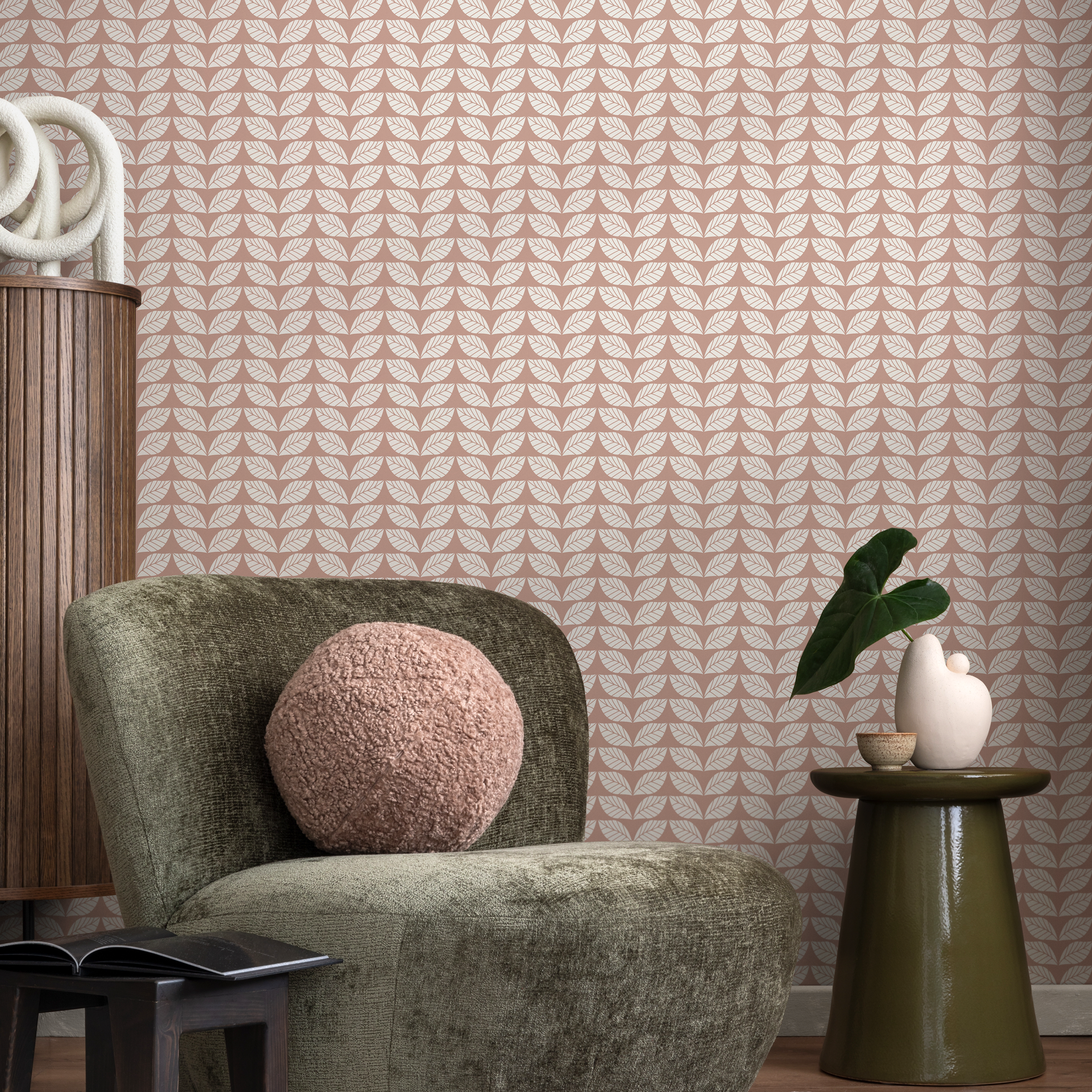 Herringbone Wallpaper With A Stylized Leaf Motif In Terracotta And Beige - C193