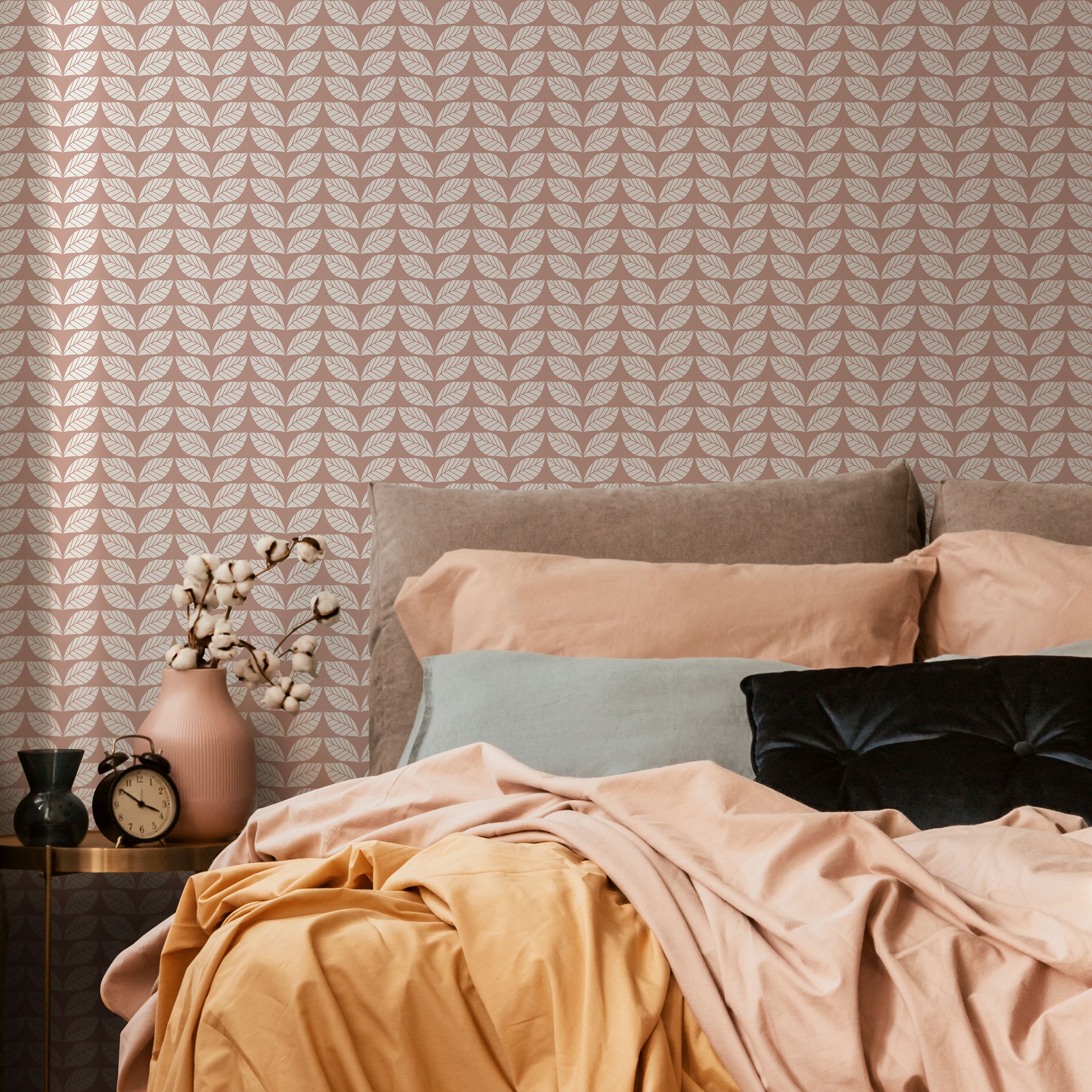 Herringbone Wallpaper With A Stylized Leaf Motif In Terracotta And Beige - C193