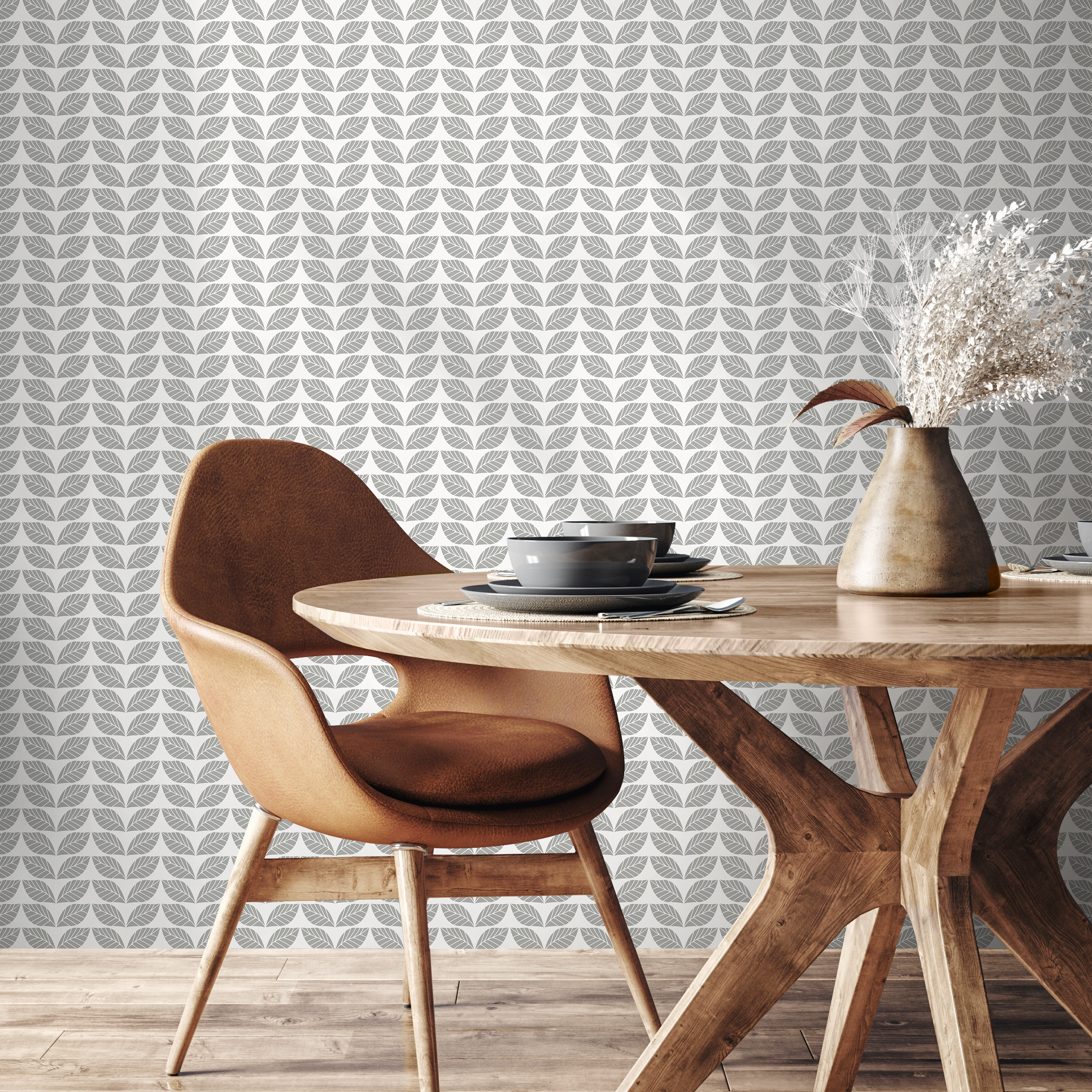 Geometric Wallpaper With A Repeating Leaf Motif In Gray - C194