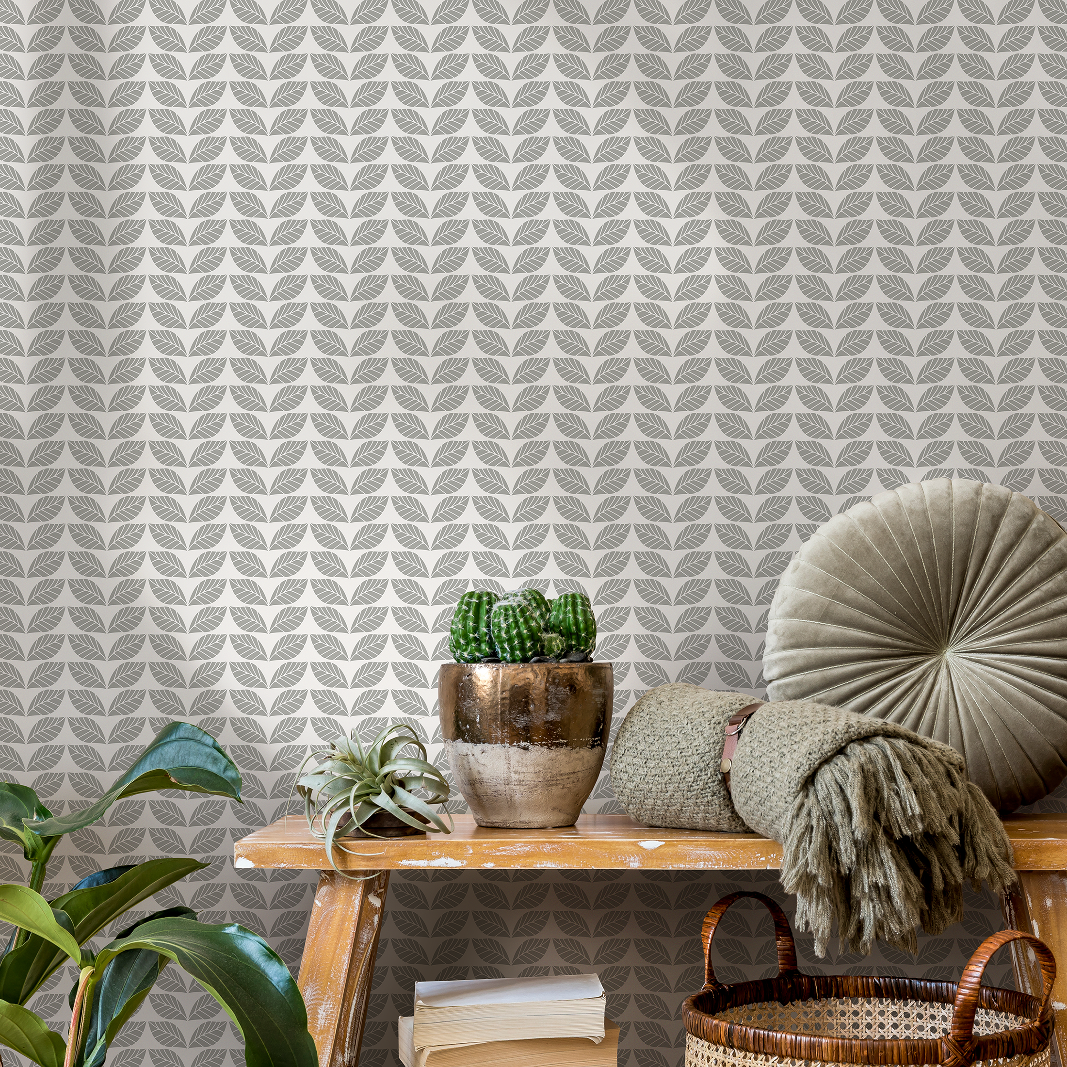 Geometric Wallpaper With A Repeating Leaf Motif In Gray - C194