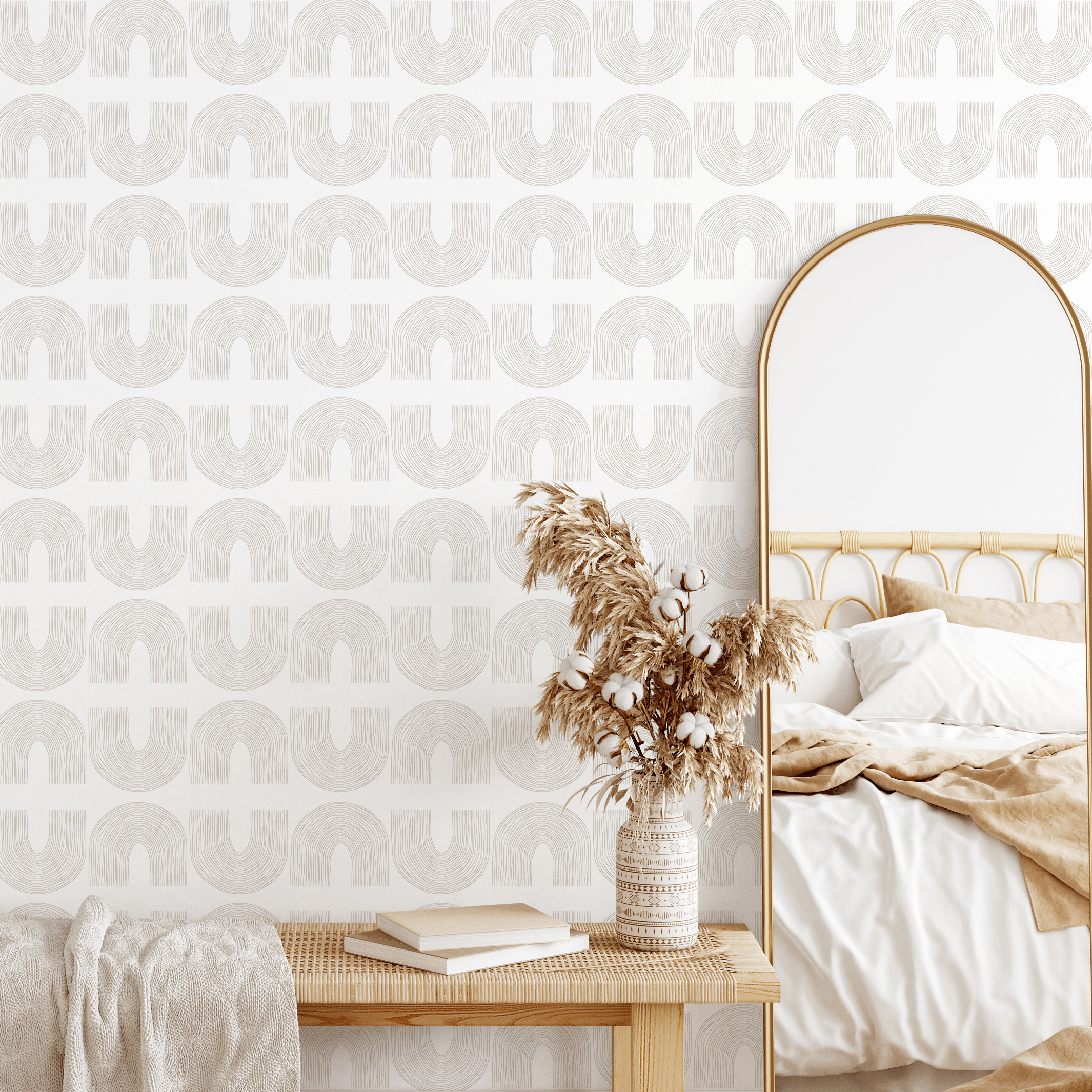 Geometric Wallpaper With Hand-drawn Arches In Beige - C197
