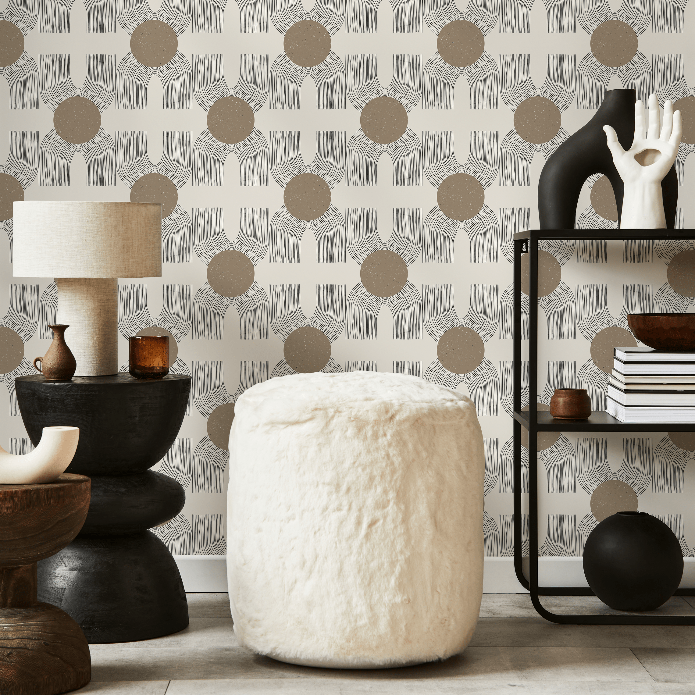 Geometric Wallpaper With Abstract Circles And Sketched Lines In Brown And Gray - C198