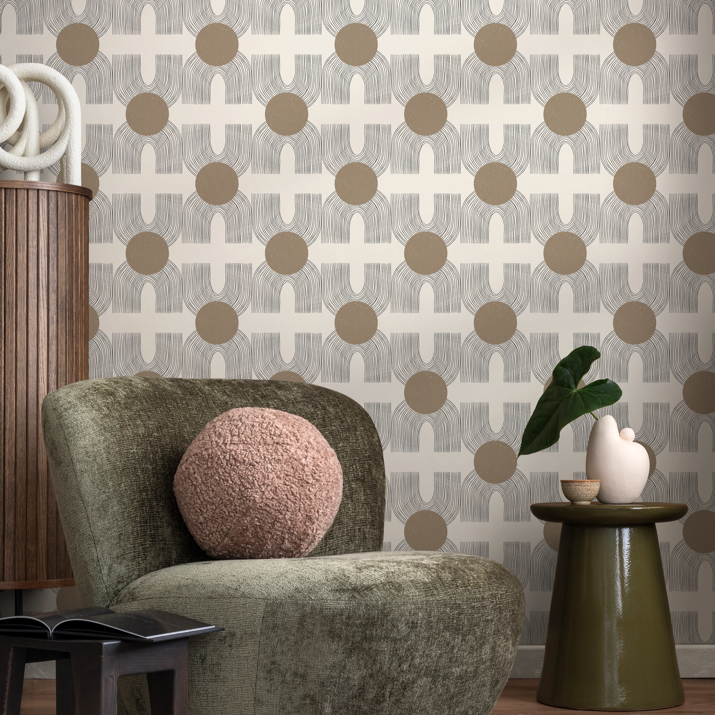 Geometric Wallpaper With Abstract Circles And Sketched Lines In Brown And Gray - C198